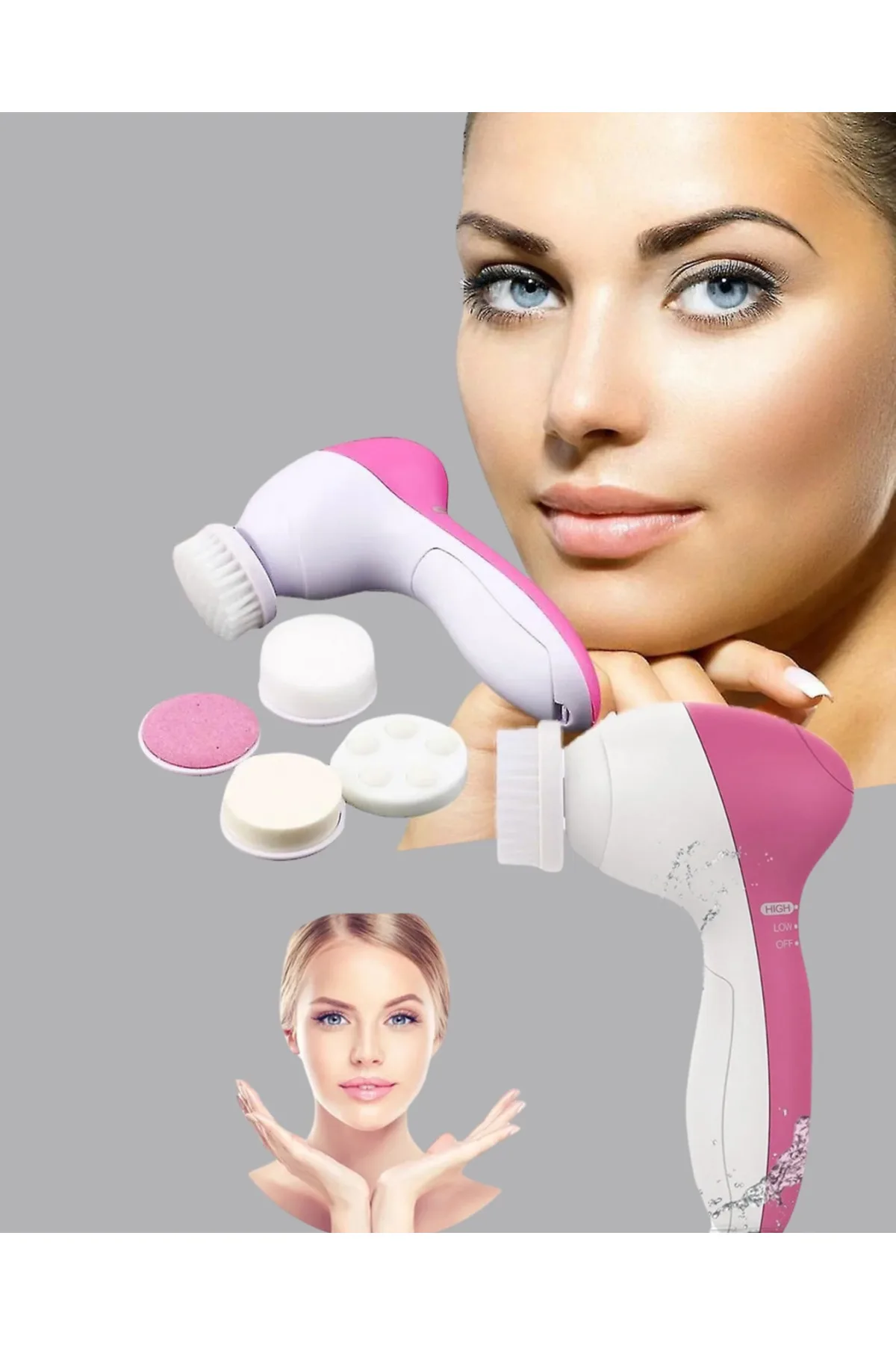 5’i 1 Arada Yüz Temizleme Cihazı – Masaj, Fırça, Peeling ve Krem Uygulama Aparatlı