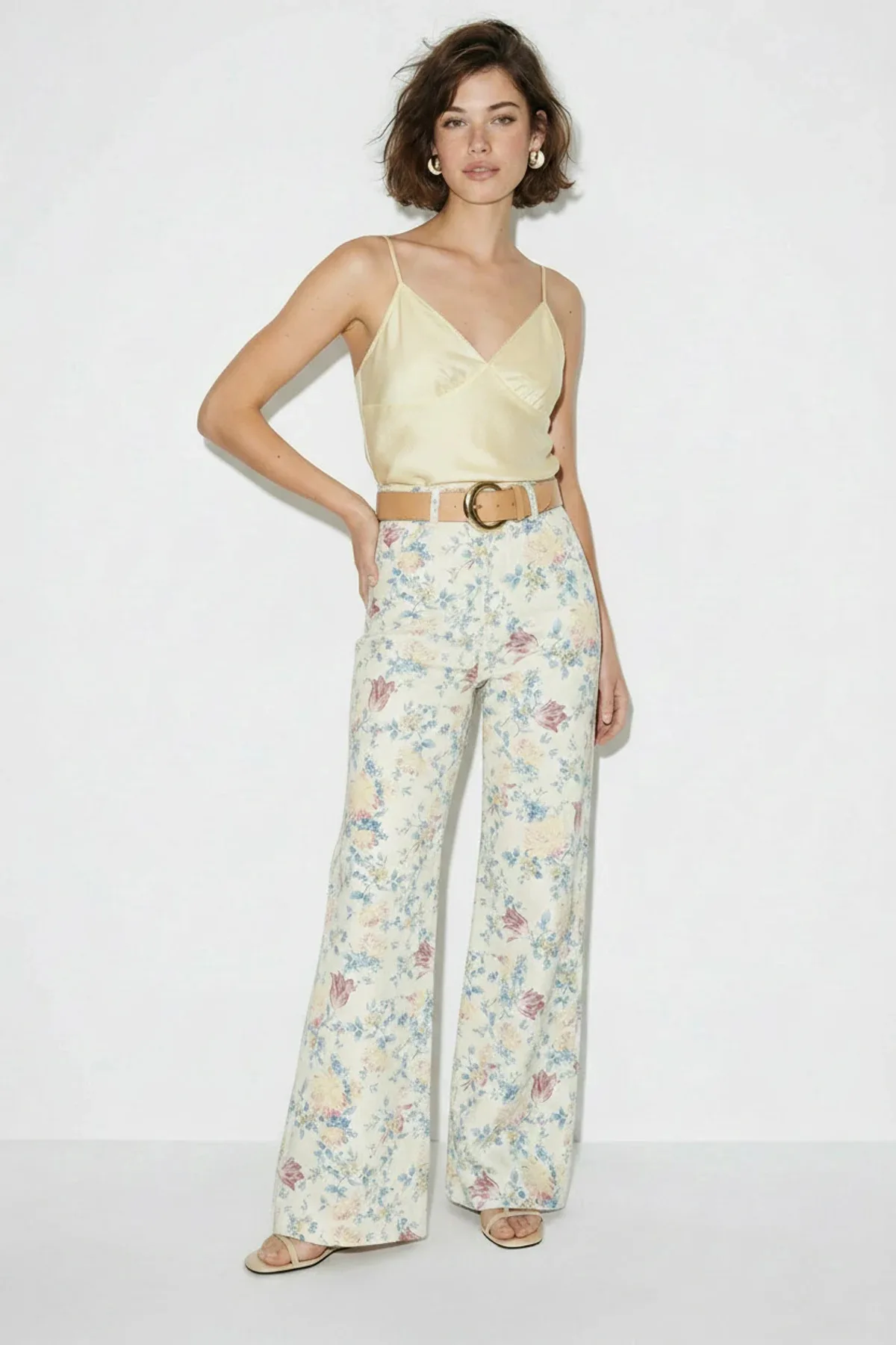 Kadın Vintage Desen Yüksek Bel Denim Haki Pantolon