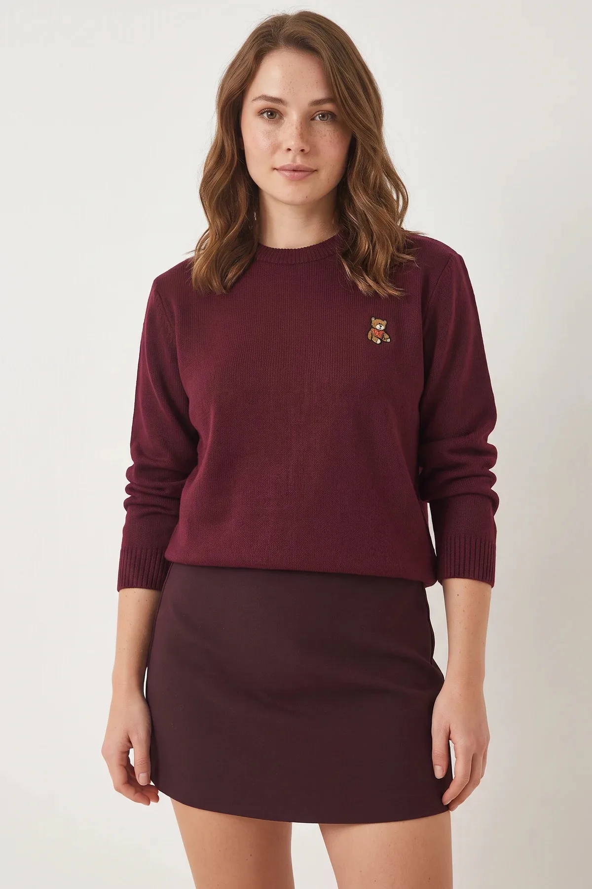 Kadın Teddy Nakışlı Basic Bordo Kazak