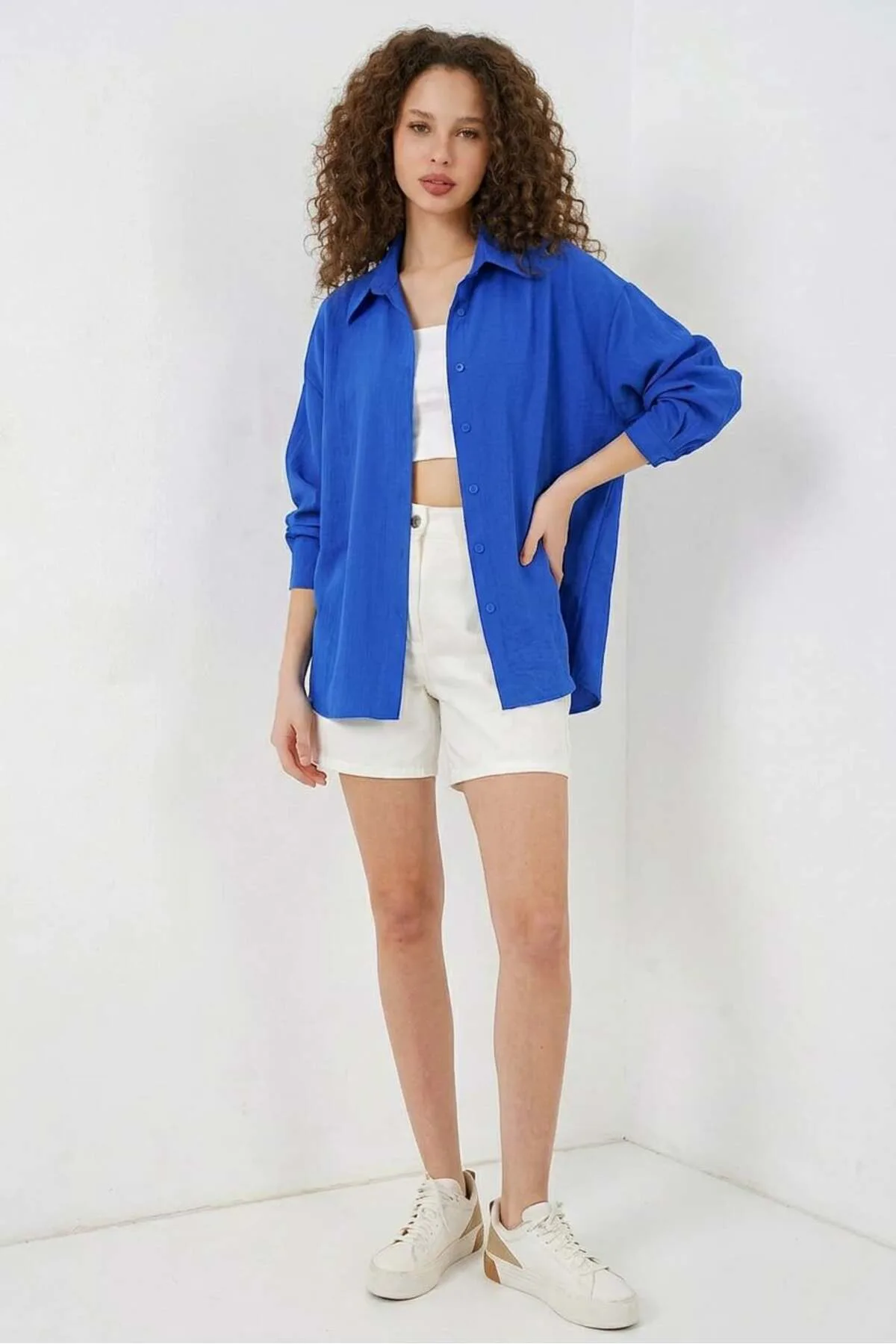 Kadın Oversize Pamuklu Saks Gömlek