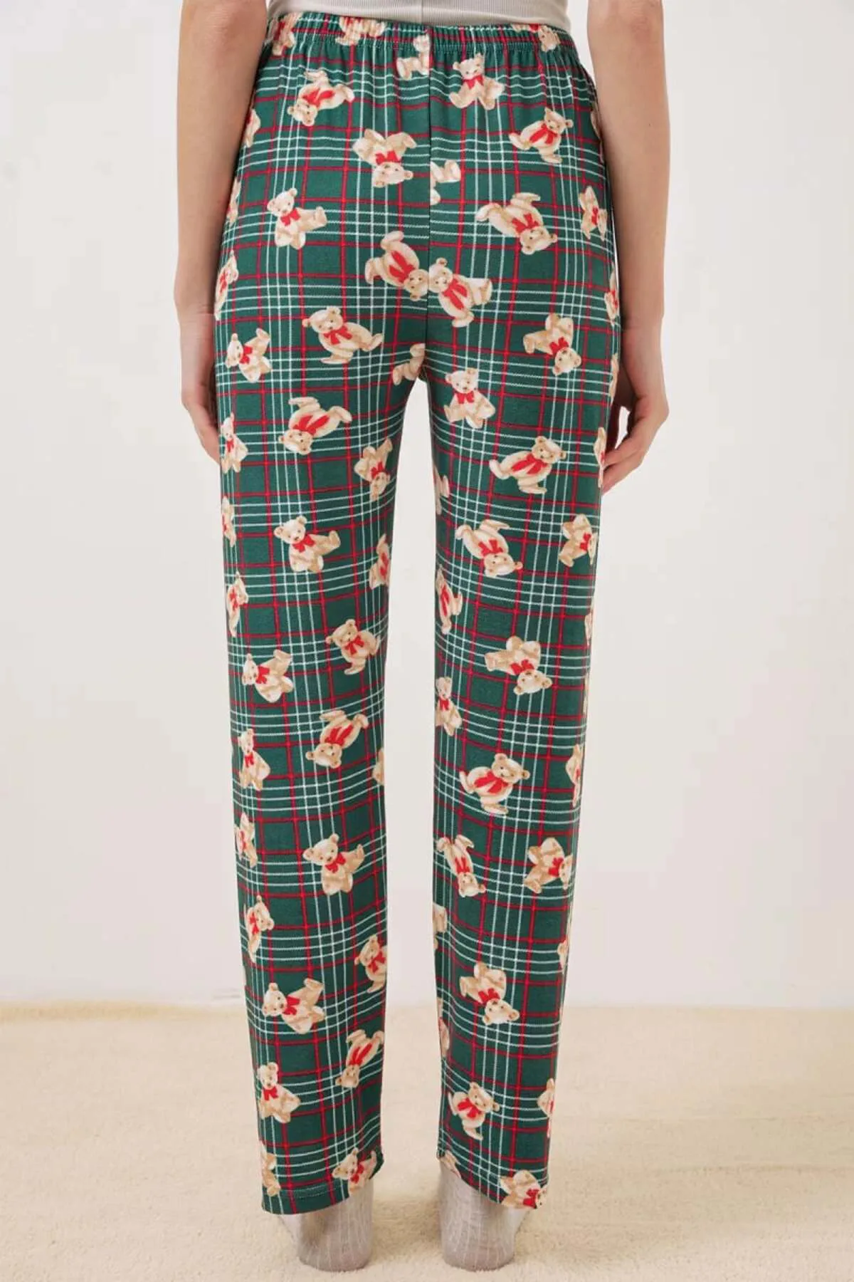 Kadın Beli Büzgülü Kareli Desenli Zümrüt Yeşili Pijama Altı