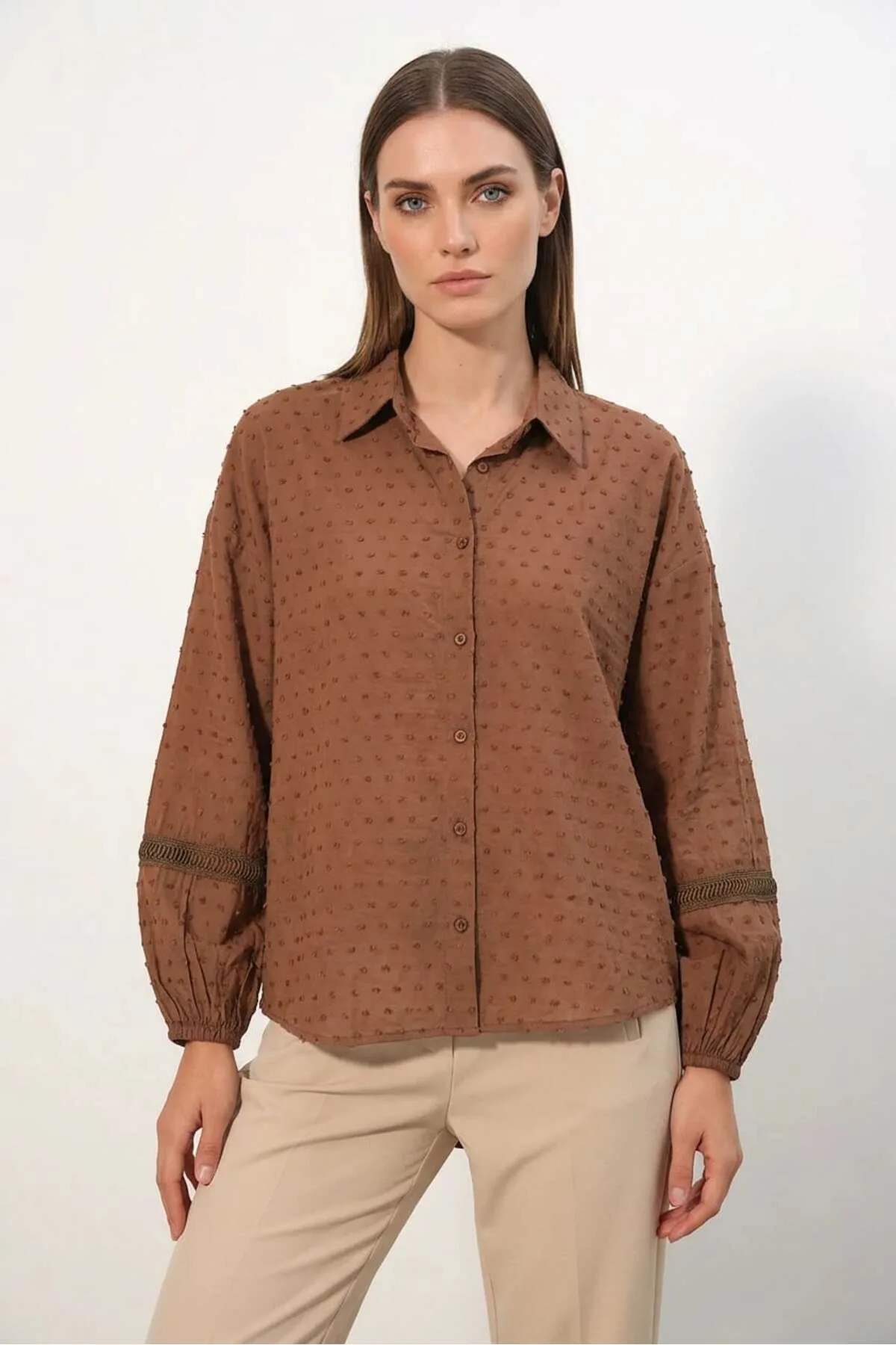 Kadın Oversize Fisto Desenli Taba Gömlek