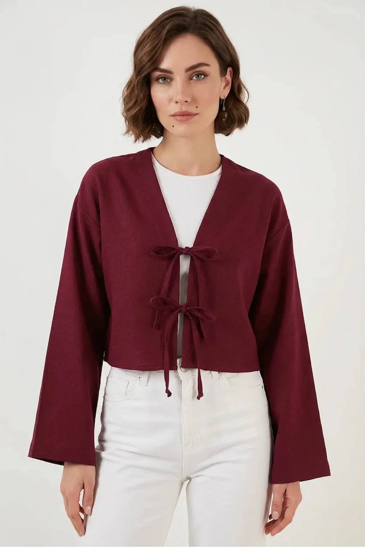Kadın V Yaka Önü Bağlamalı Keten Bordo Kimono