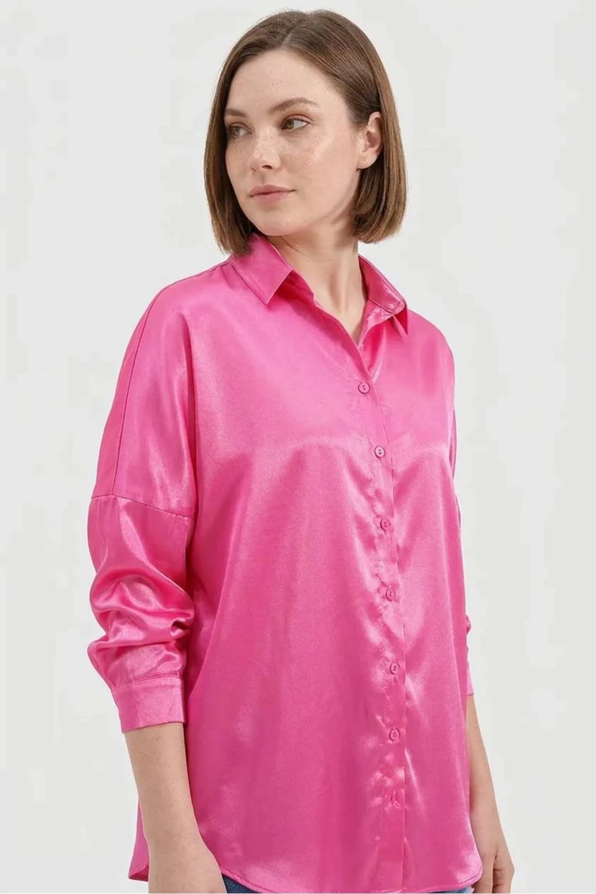 Kadın Oversize Kesim Saten Camel Gömlek