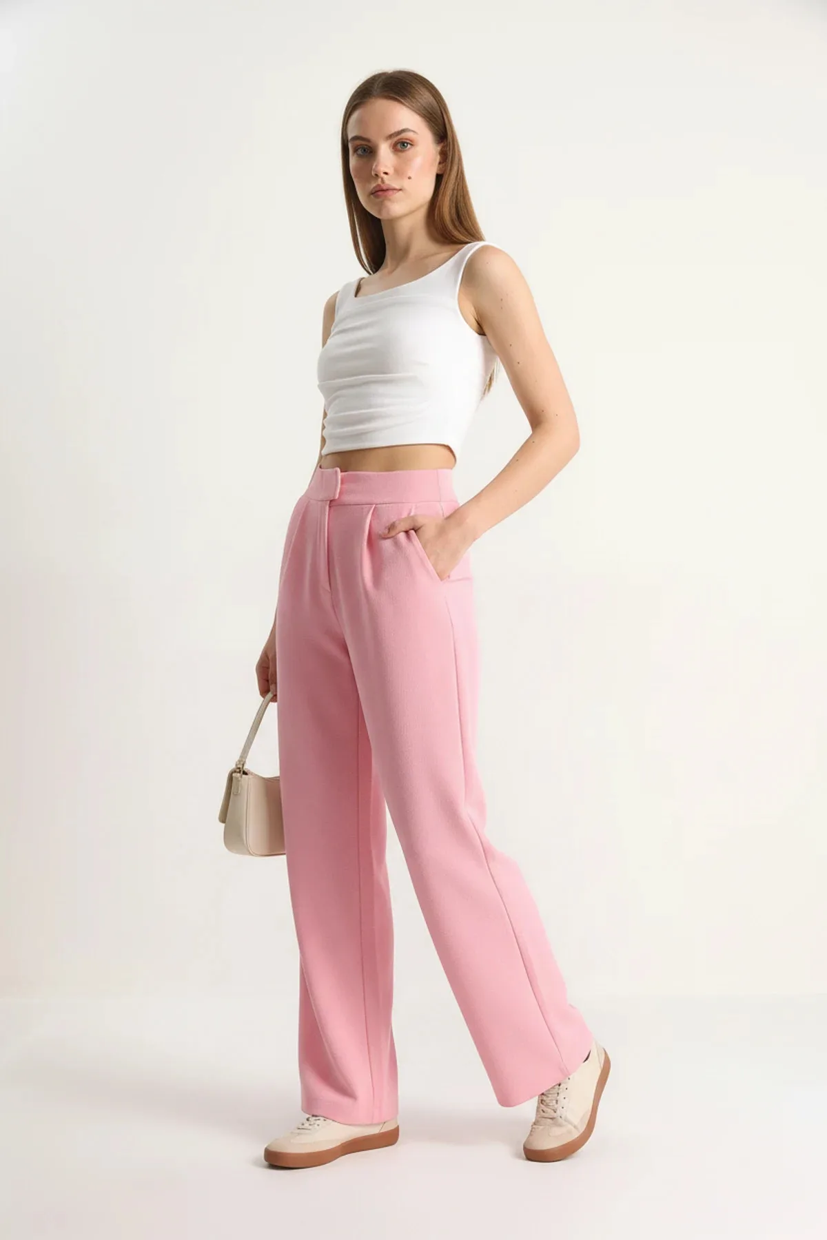 Kadın Beli Cırtlı Rahat Palazzo Toz Pembe Pantolon