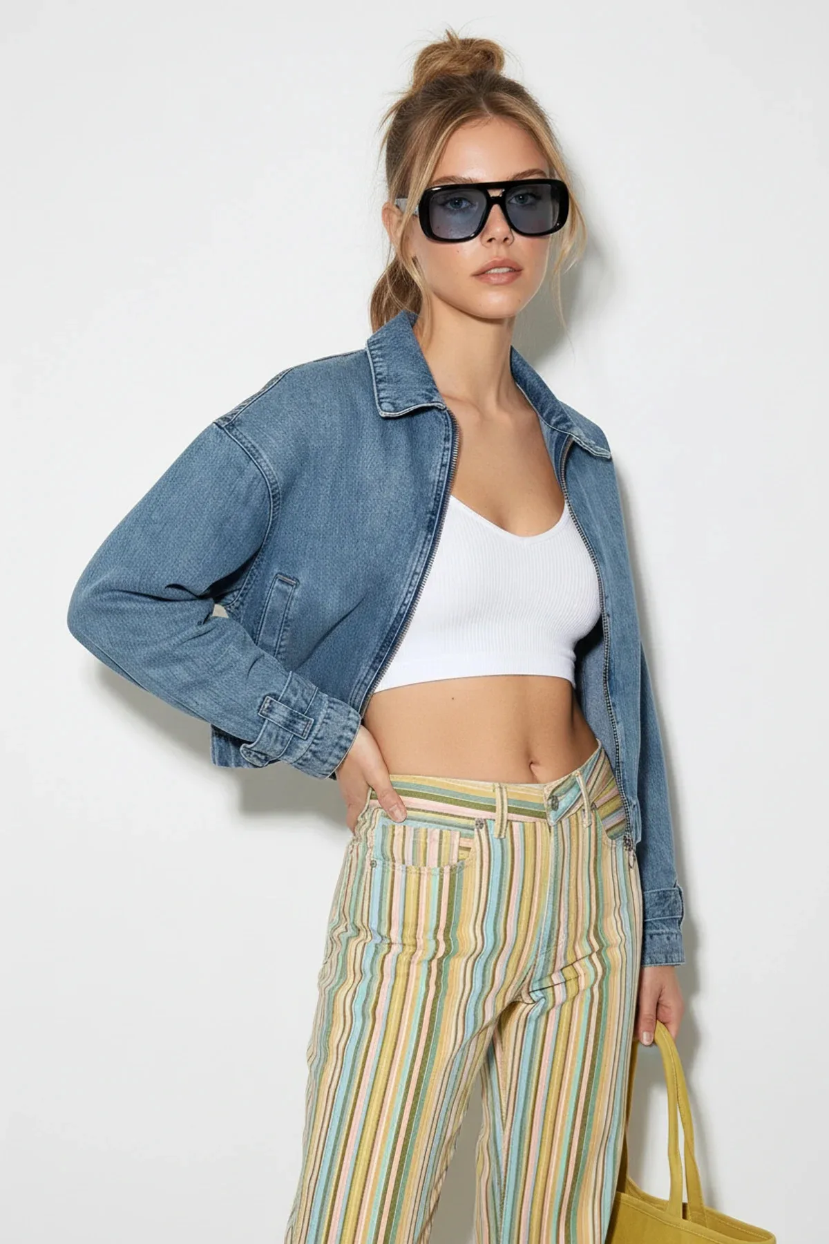 Kadın Fermuarlı Kemer Detaylı Oversize Denim Buz Mavisi Ceket