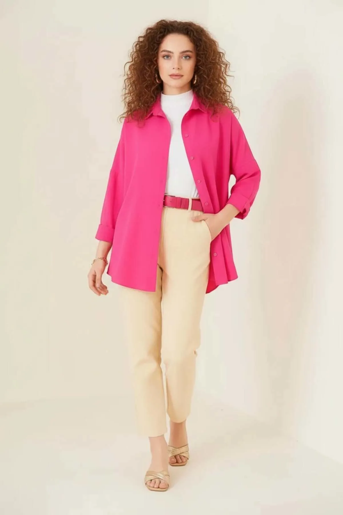 Kadın Oversize Kesim Basic Pamuklu Koyu Pembe Tesettür Gömlek