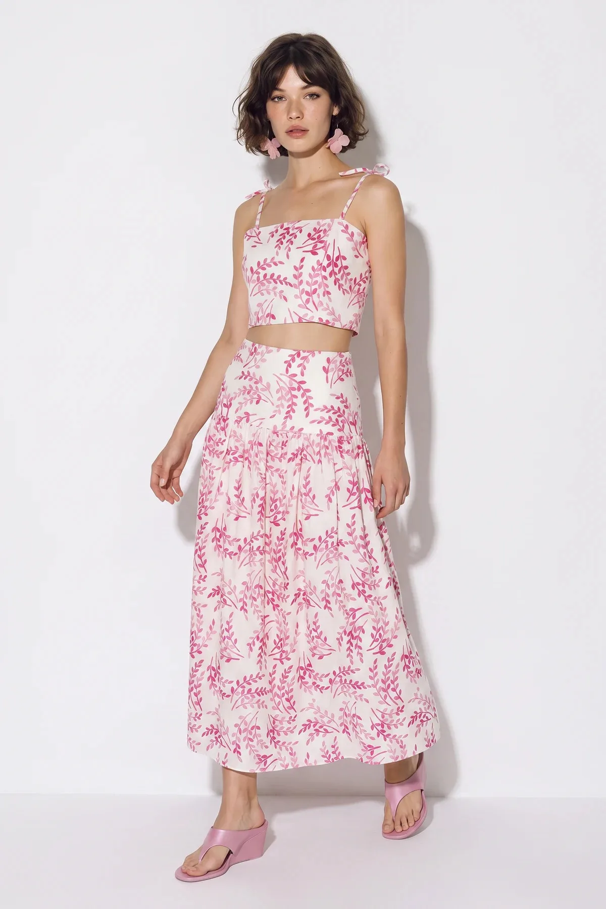 Kadın Crop Bluz Midi Etekli Desenli Keten Pembe Alt Üst Takım
