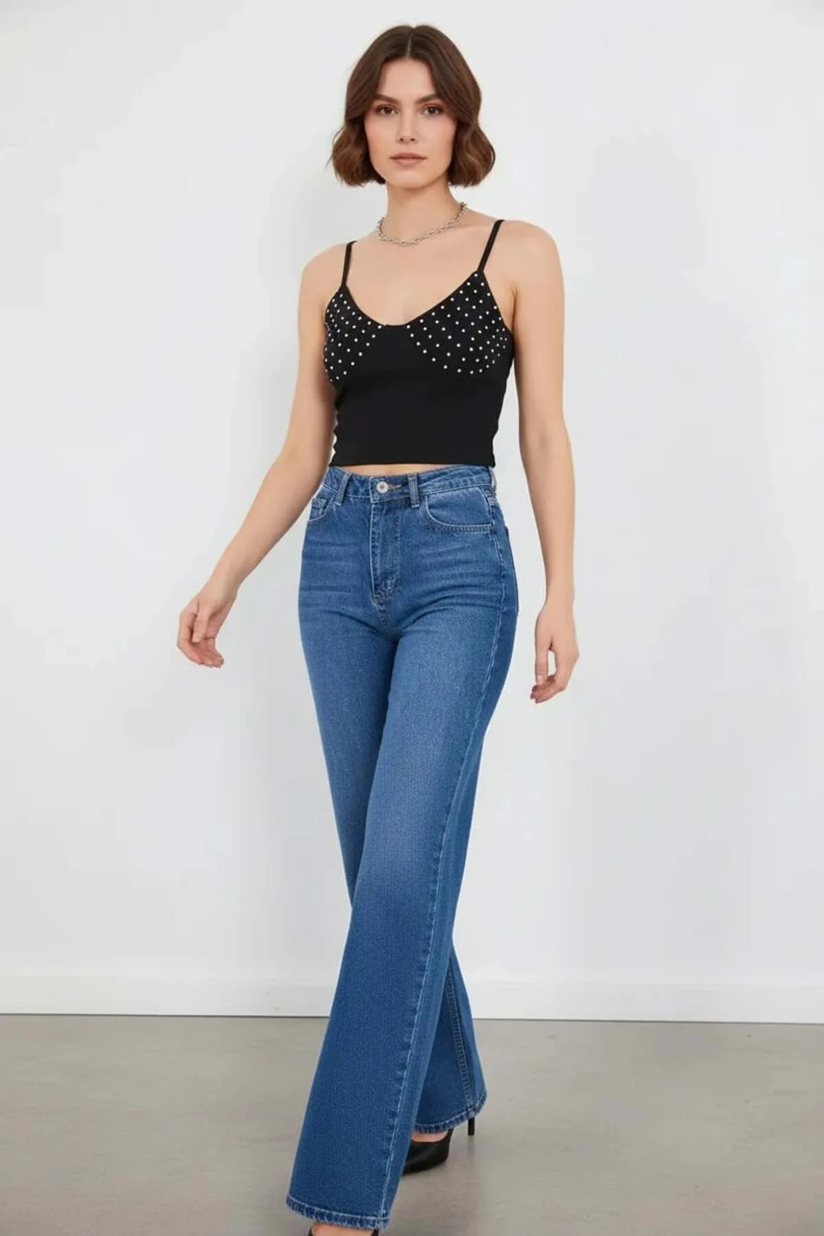 Kadın Askılı Noktalı Desen Pamuklu Siyah Crop Top