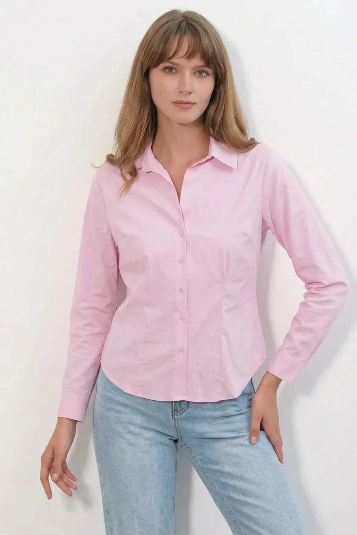 Kadın Klasik Yaka Basic Pembe Gömlek