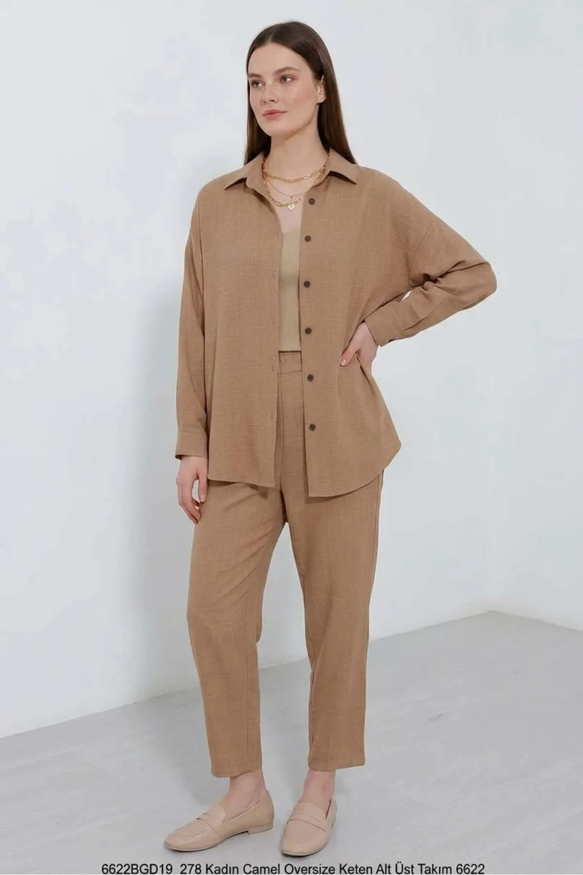 Kadın Oversize Viskon Camel Takım
