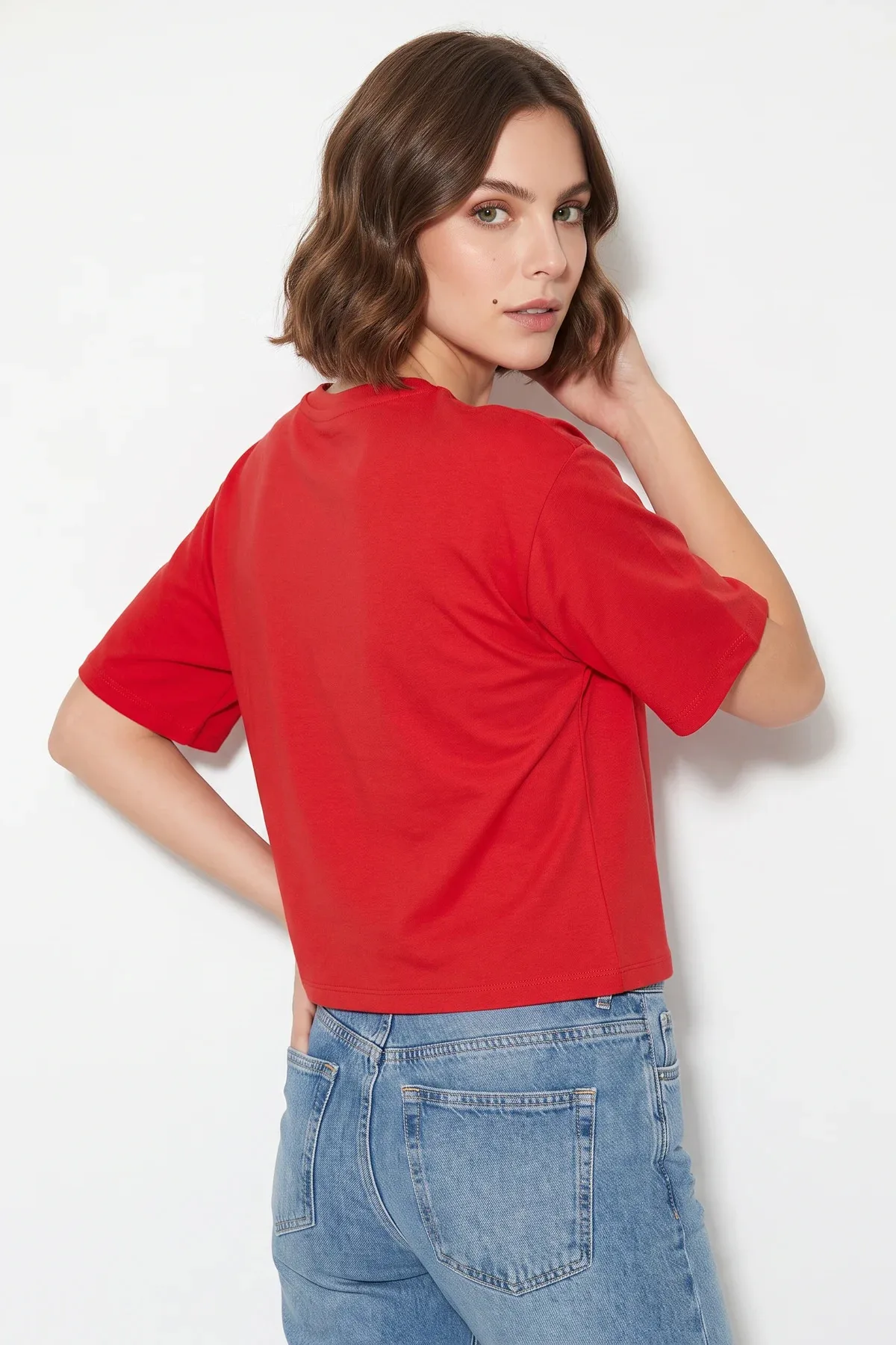 Kadın Beli Büzgülü Bisiklet Yaka T Shirt Kırmızı