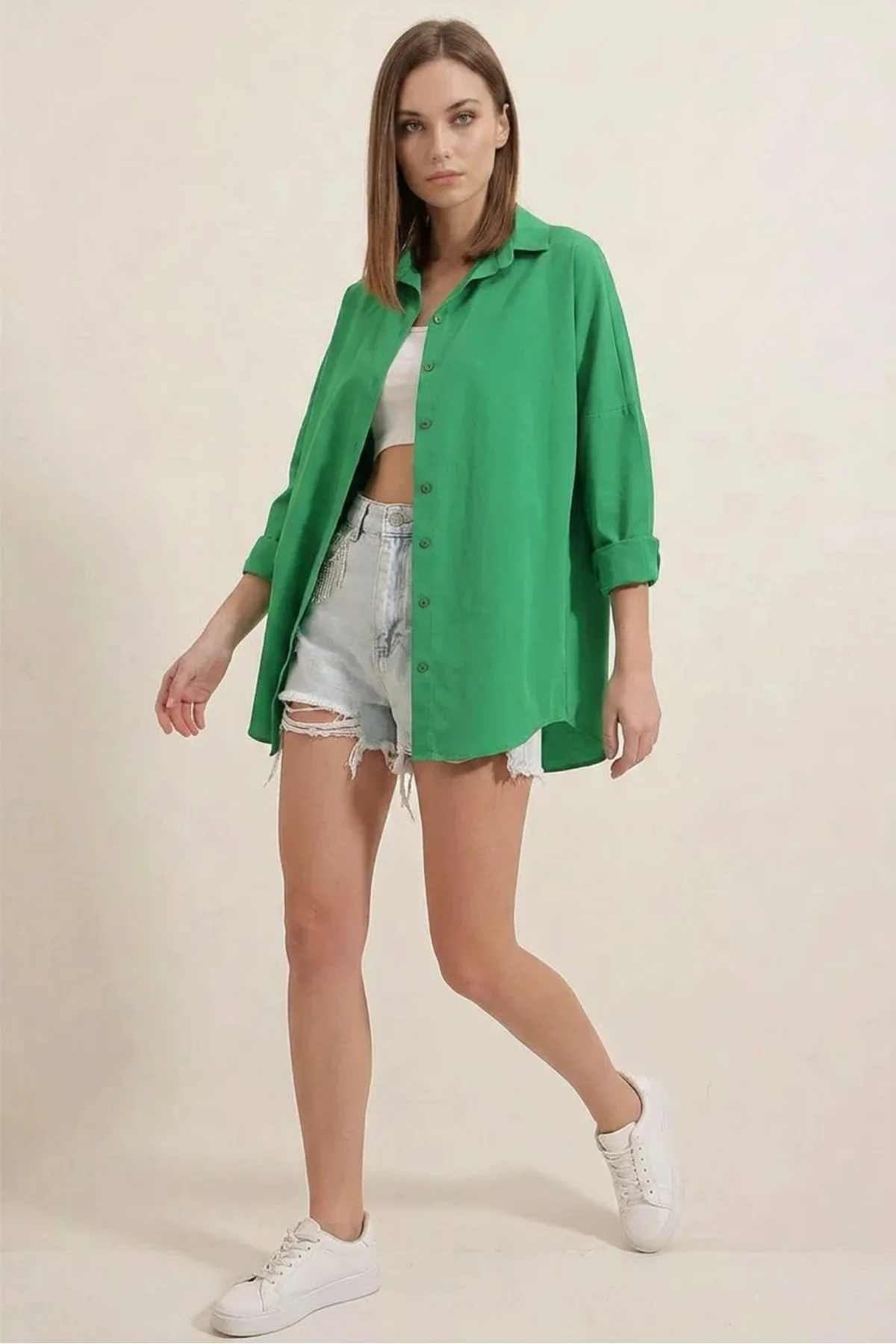 Kadın Oversize Kesim Basic Pamuklu Yeşil Gömlek