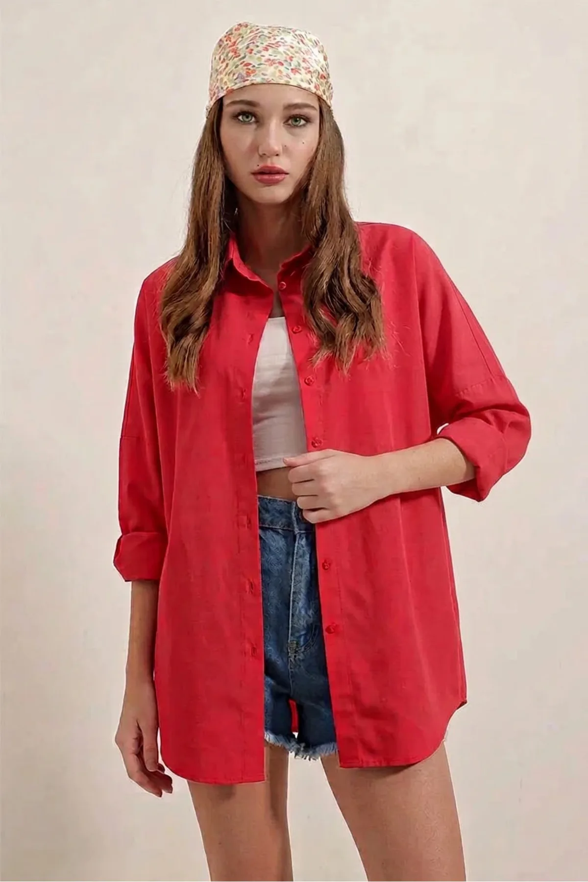 Kadın Basic Oversize Pamuklu Turuncu Gömlek