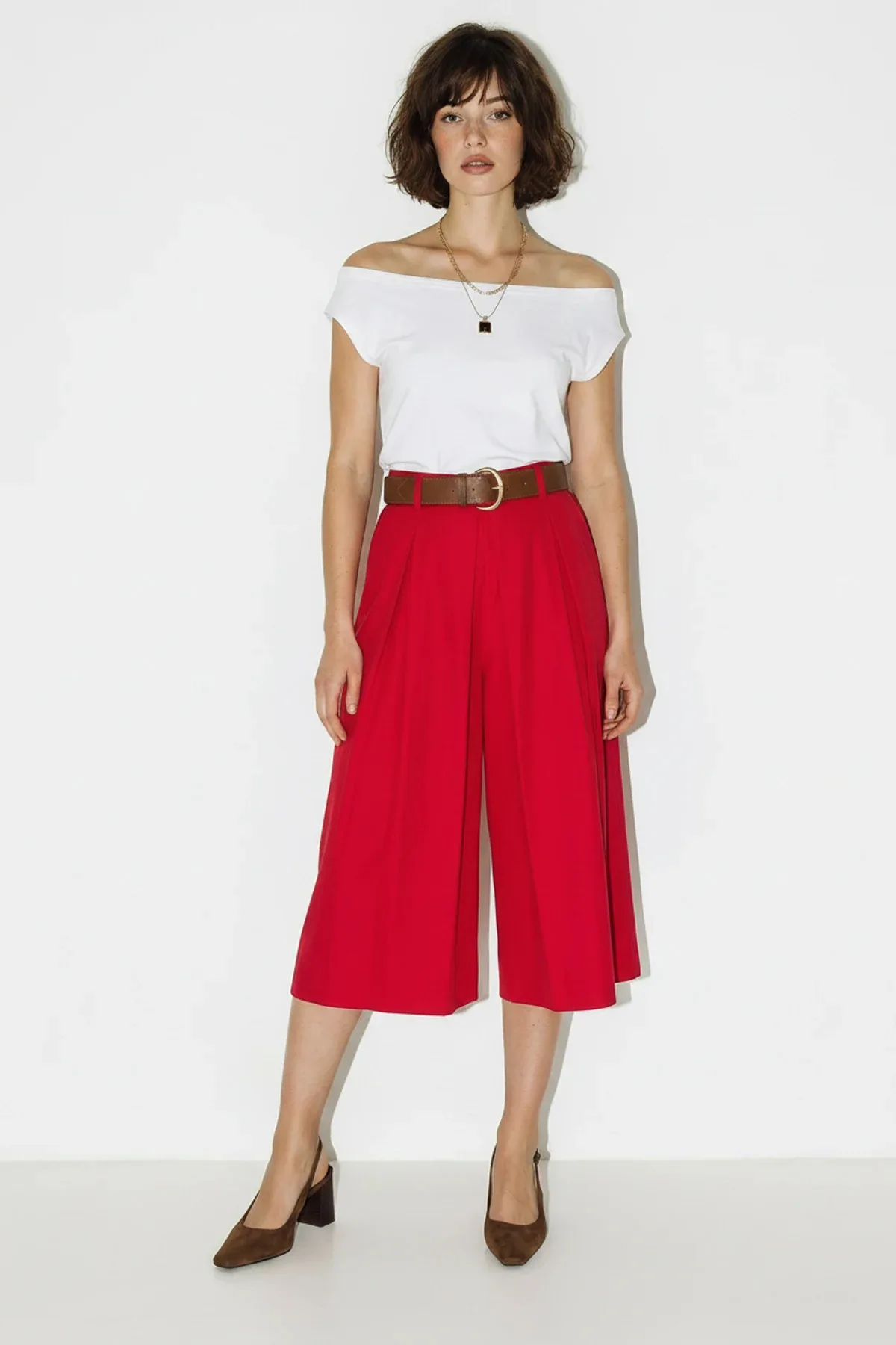 Kadın Yüksek Bel Pile Detaylı Geniş Paça Culotte Kırmızı Pantolon