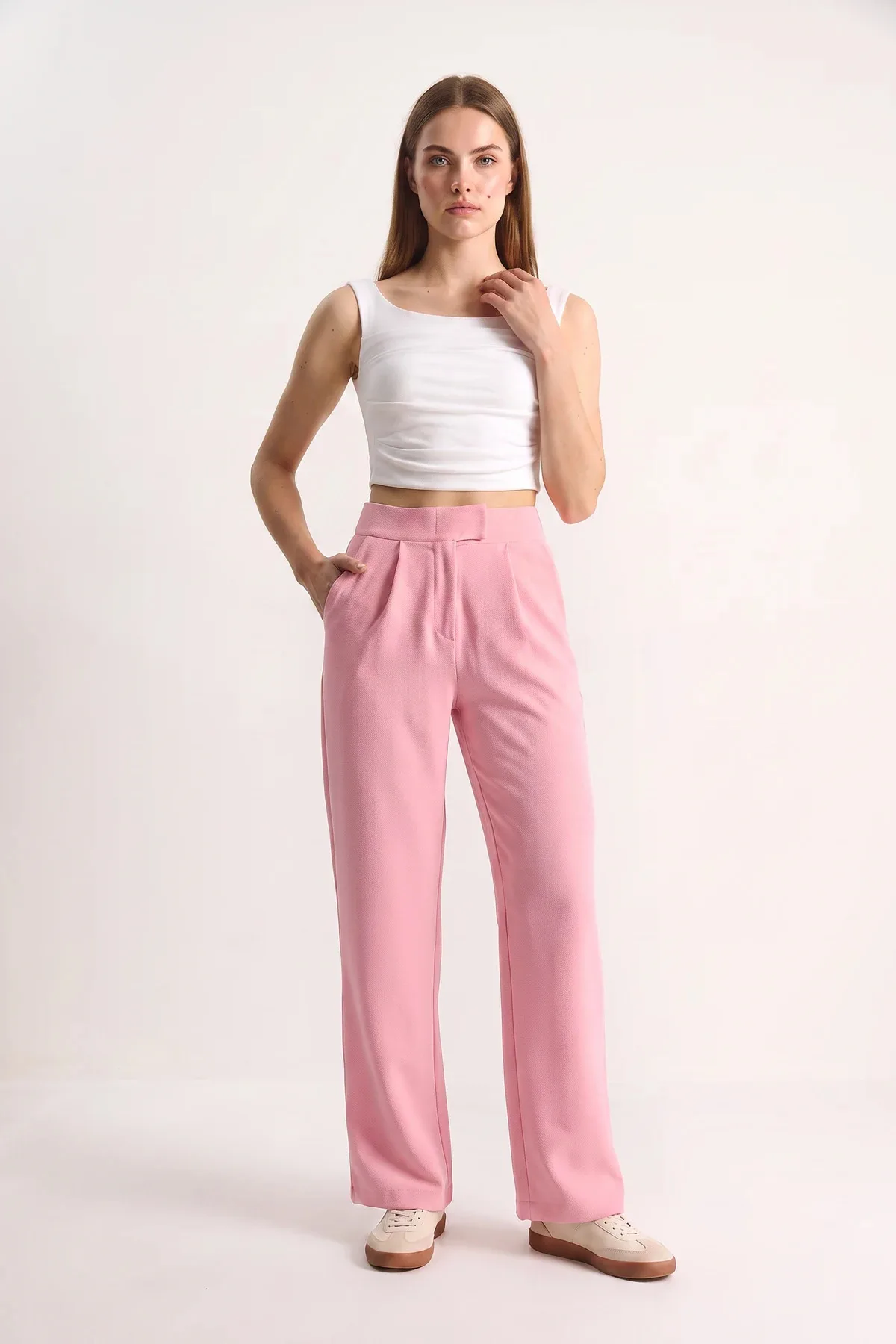 Kadın Beli Cırtlı Rahat Palazzo Toz Pembe Pantolon