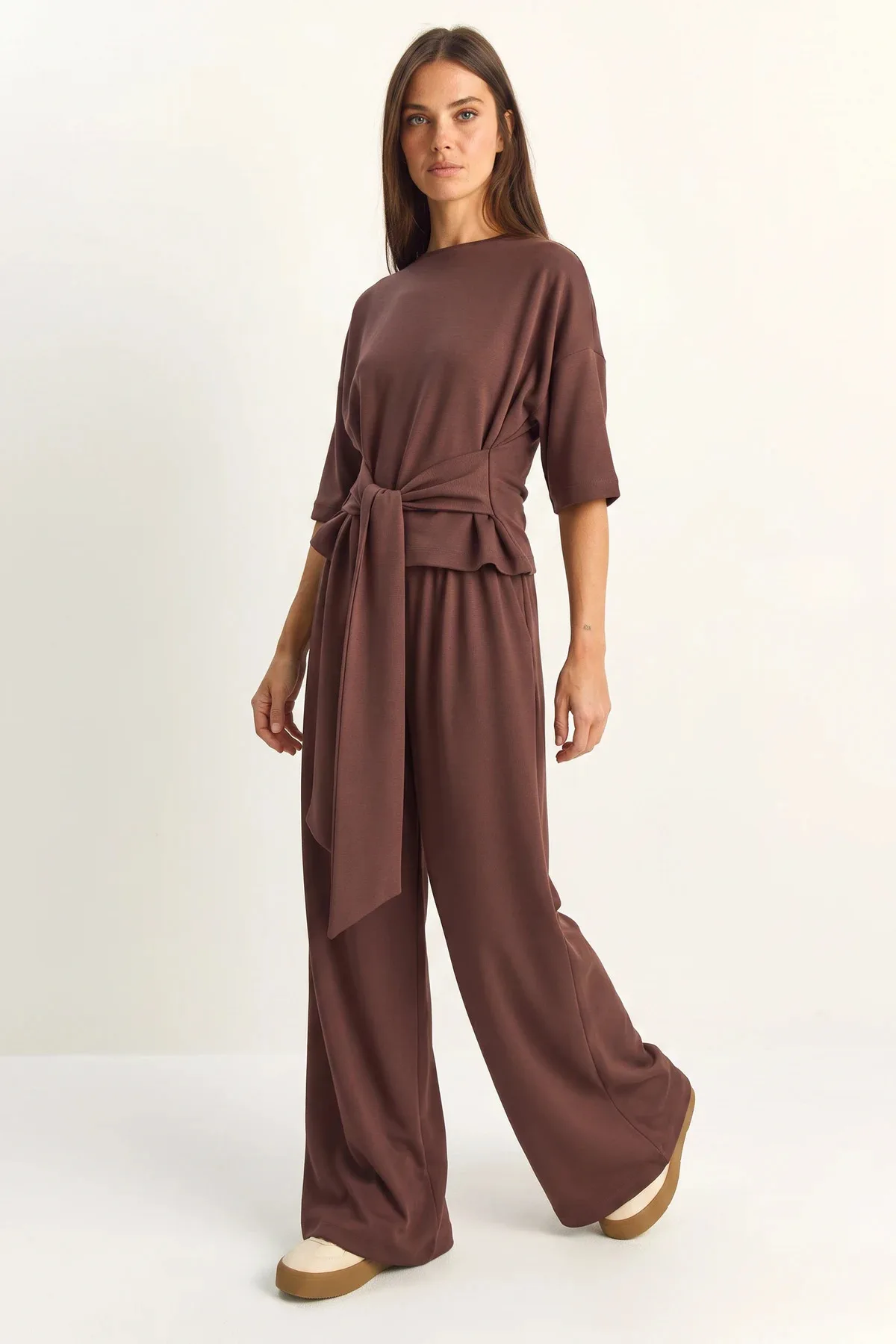 Kadın Belden Bağlamalı Basic T Shirt Bol Paça Pantolon Alt Üst Modal Acı Kahve Takım