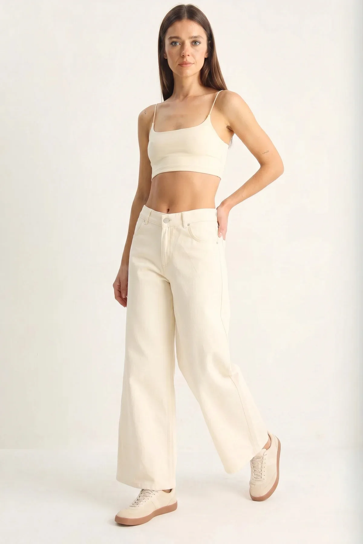 Kadın Desenli Cep Detaylı Yüksek Bel Wide Leg Denim Krem Pantolon