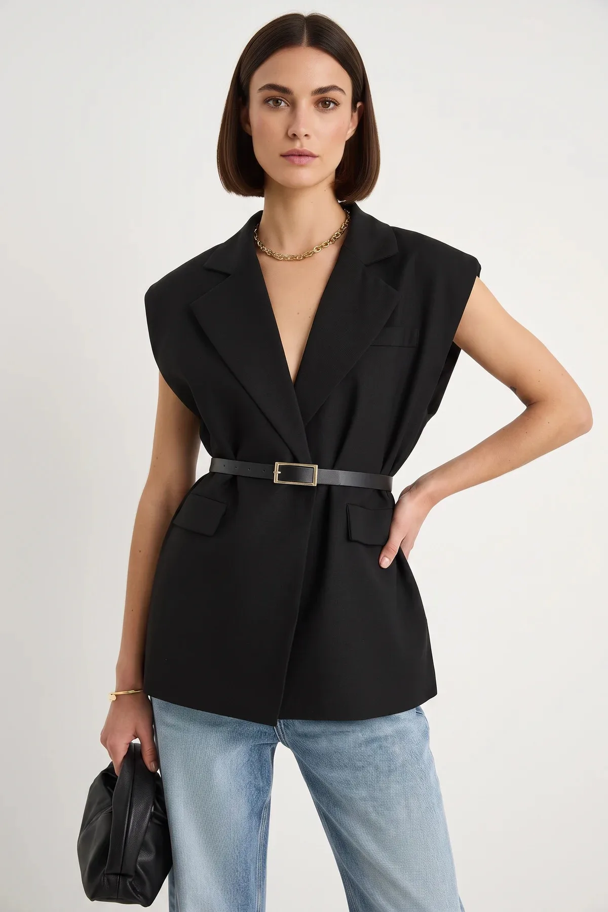 Kadın Cep Detaylı Kemerli Vatkalı Oversize Astarlı Blazer Siyah Yelek