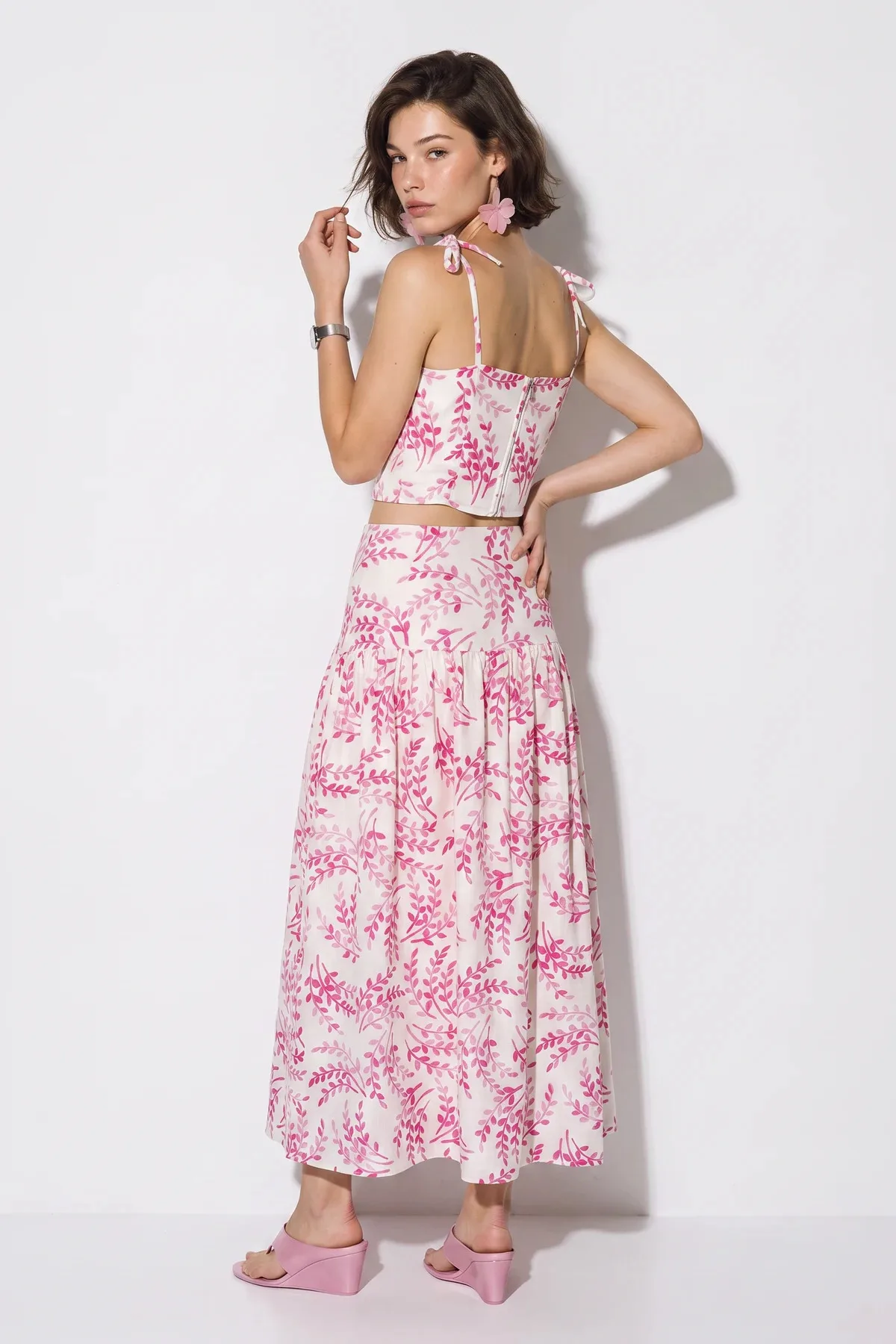 Kadın Crop Bluz Midi Etekli Desenli Keten Pembe Alt Üst Takım