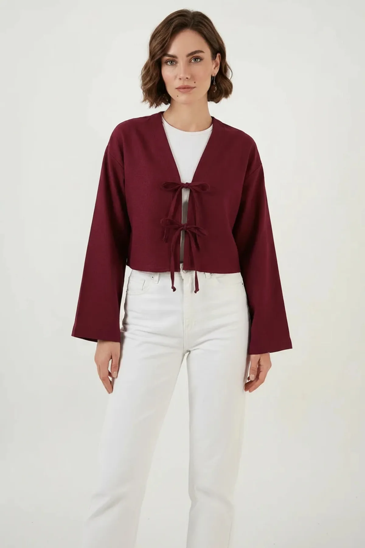 Kadın V Yaka Önü Bağlamalı Keten Bordo Kimono