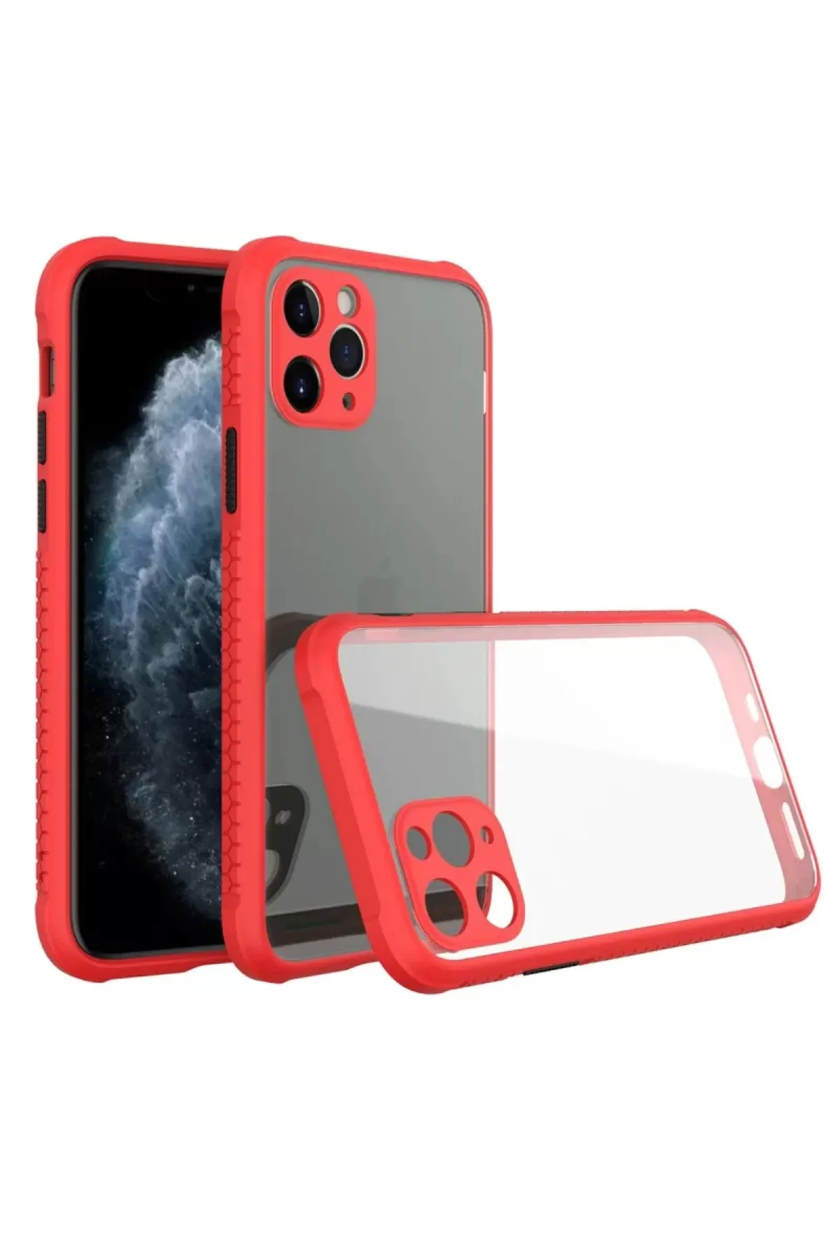 Newface Apple iPhone 11 Pro Max Kılıf Miami Şeffaf Silikon - Kırmızı