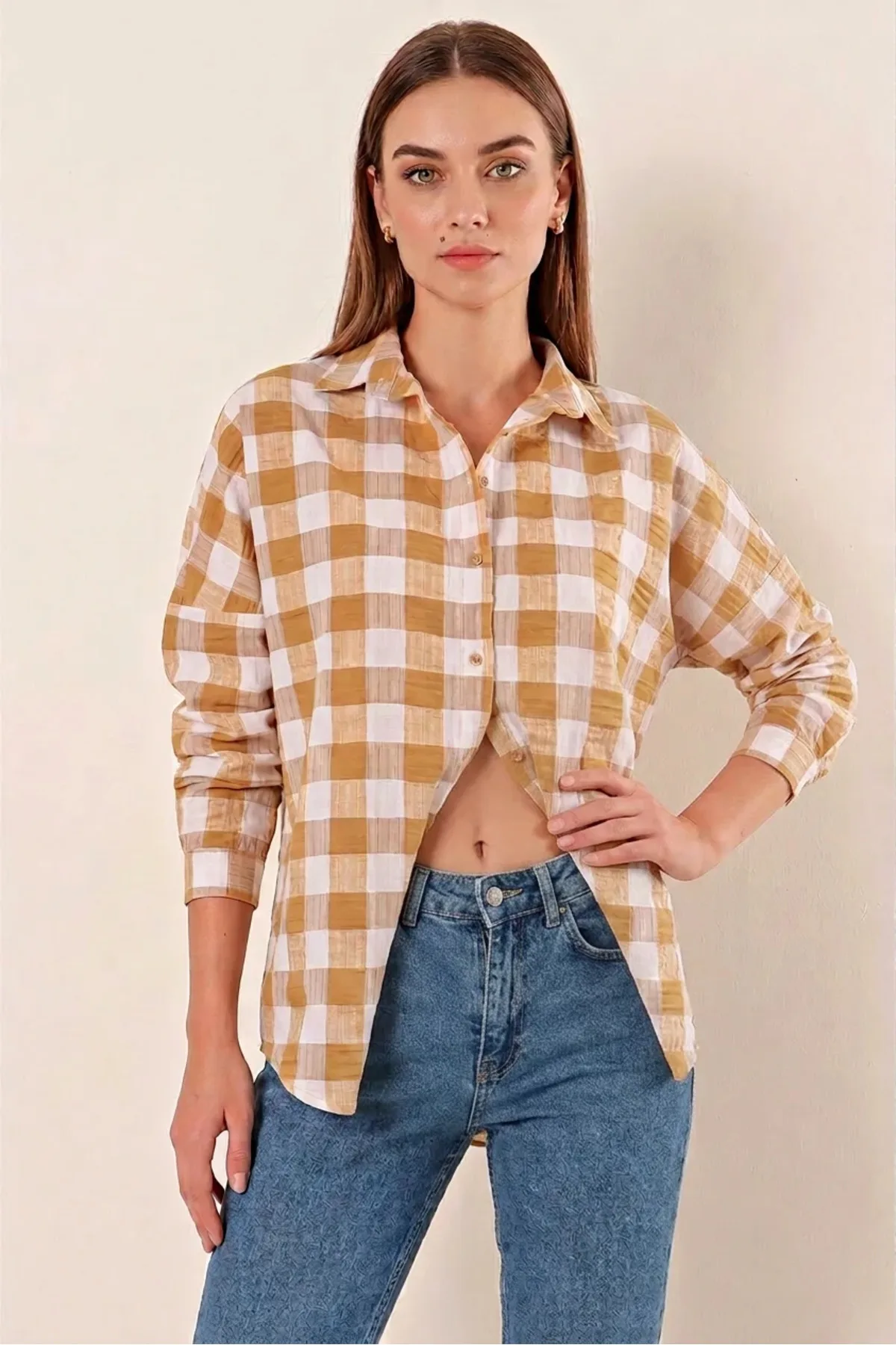 Kadın Kareli Desen Basic Oversize Pamuklu Vizon Gömlek