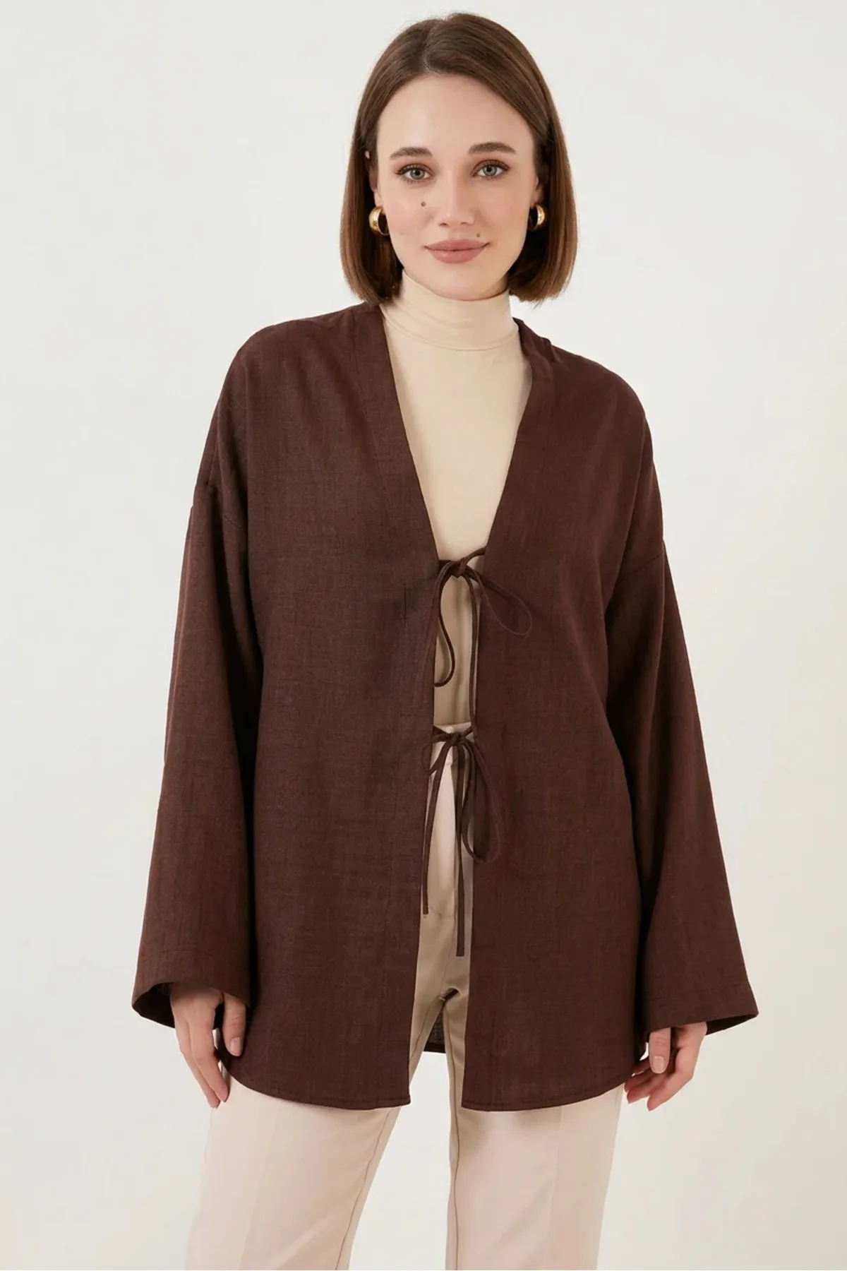 Kadın Kuşaklı Viskon Kahverengi Tesettür Kimono