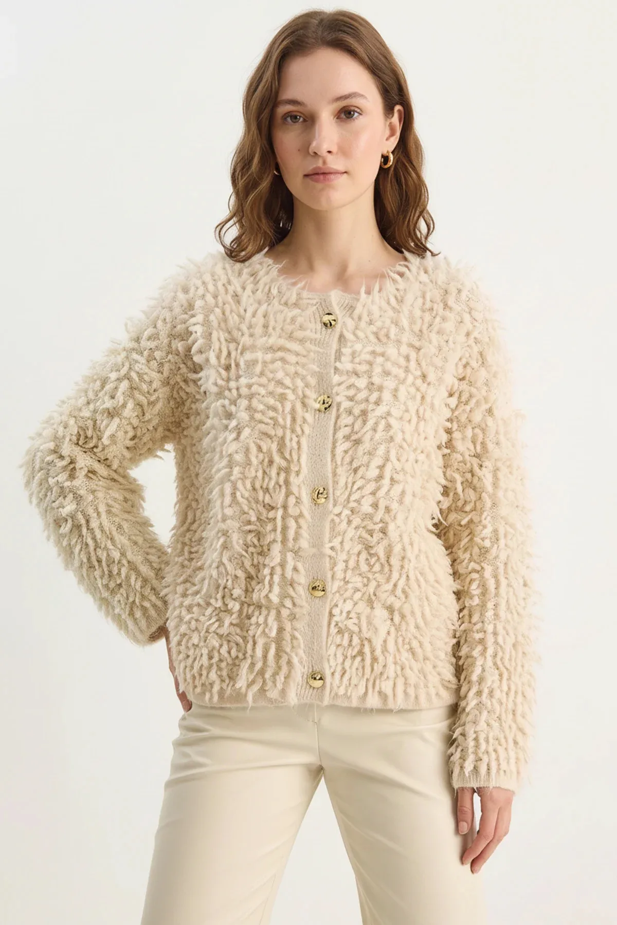 Kadın Oversize Saçaklı Triko Bej Hırka