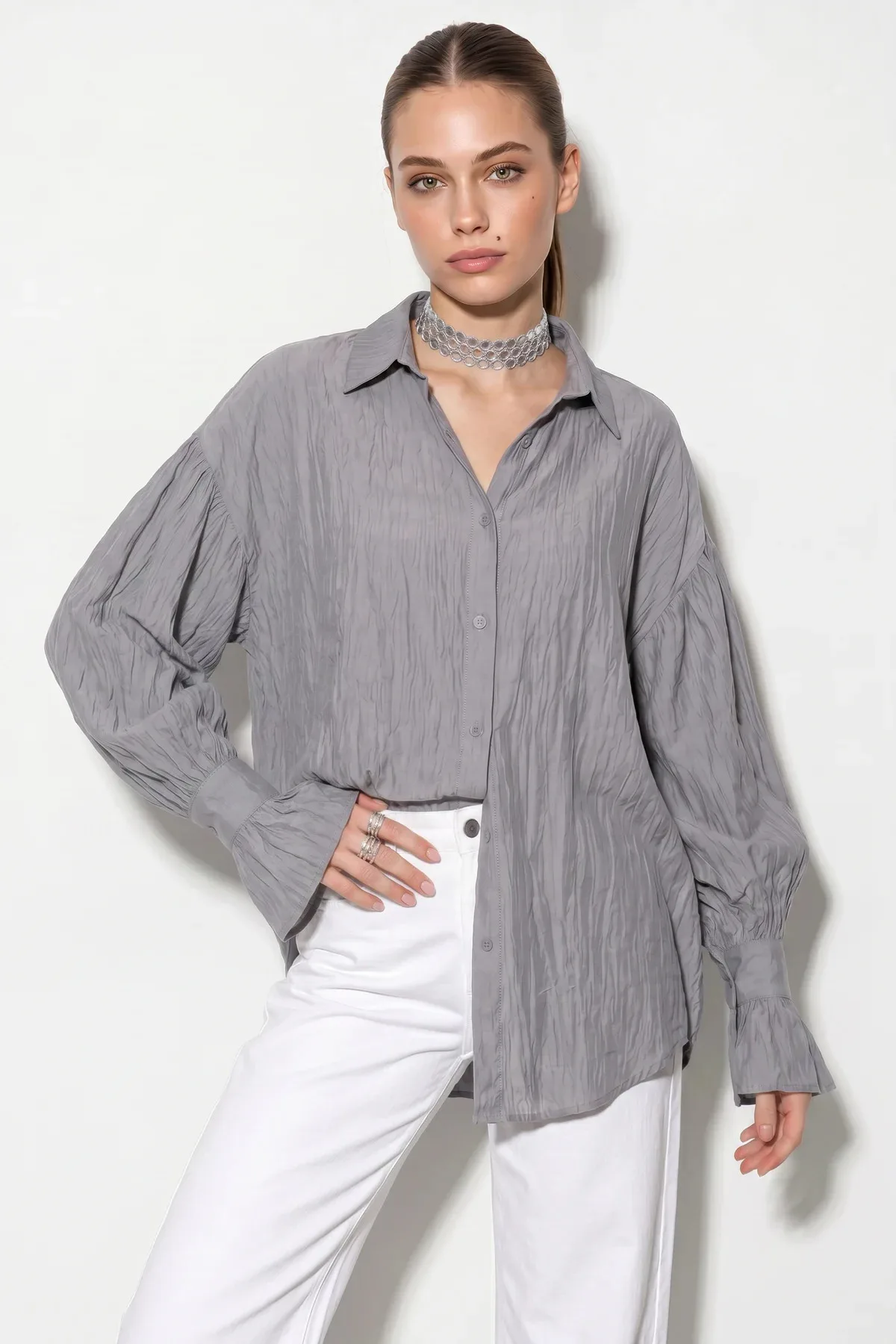 Kadın Fırfır Manşet Detaylı Oversize Füme Gömlek