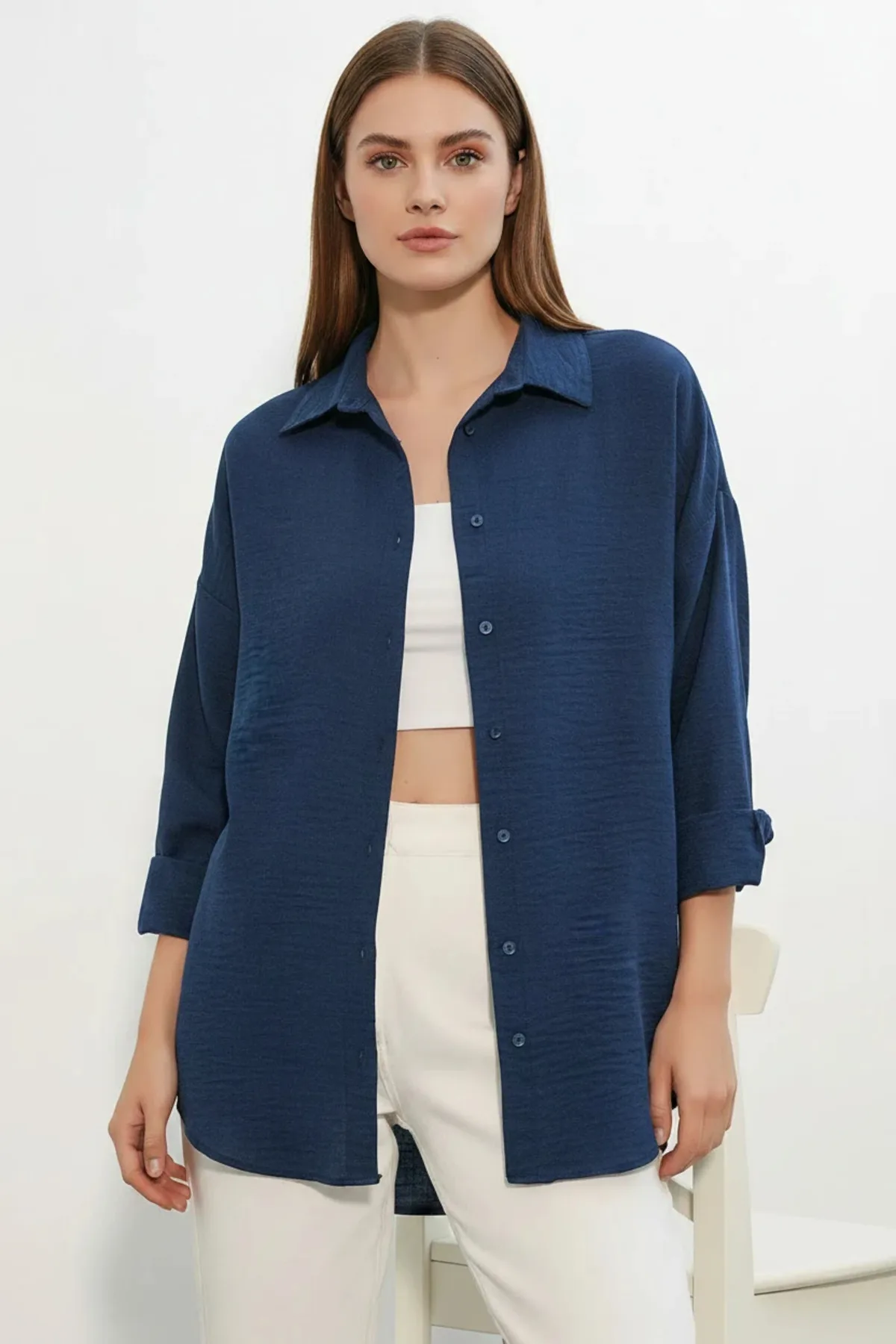 Kadın Oversize Kesim Keten Haki Gömlek