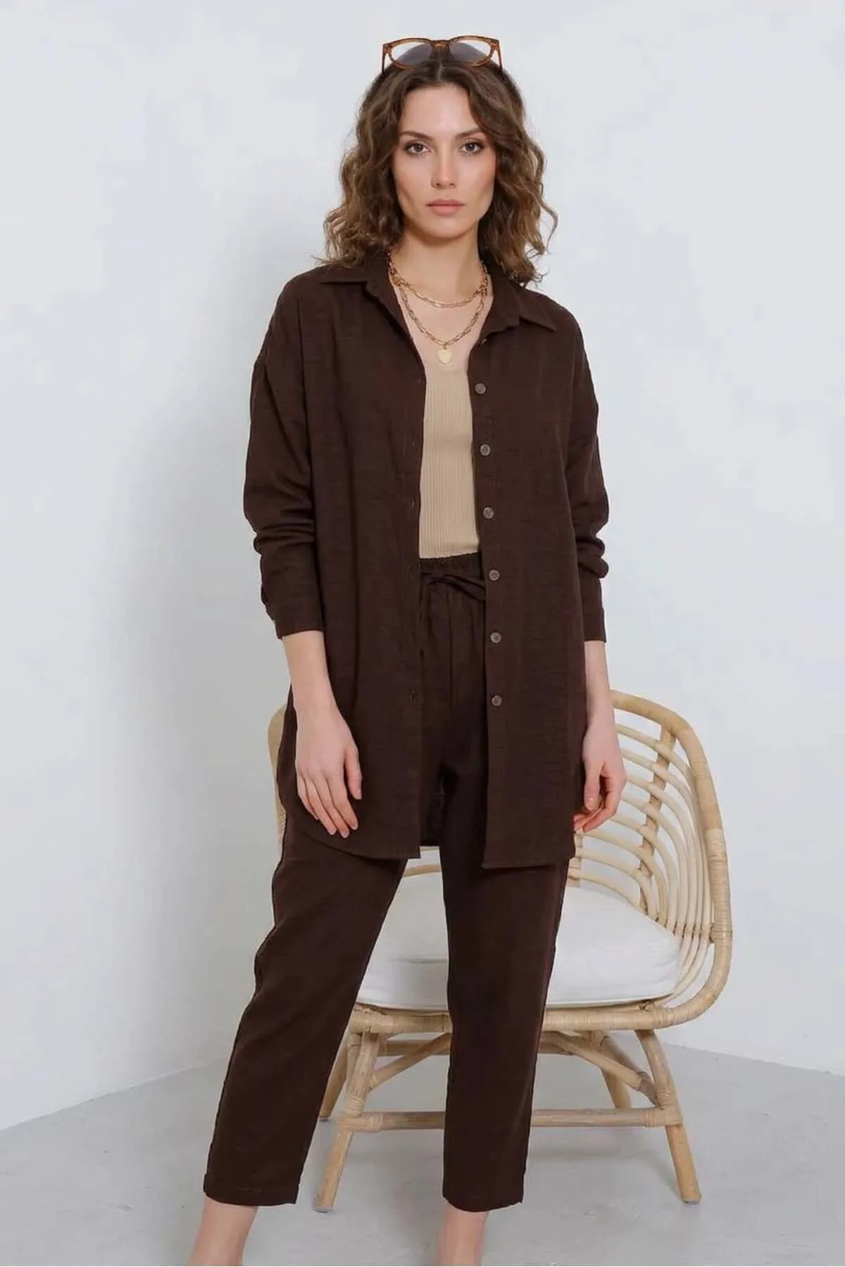 Kadın Oversize Viskon Camel Takım