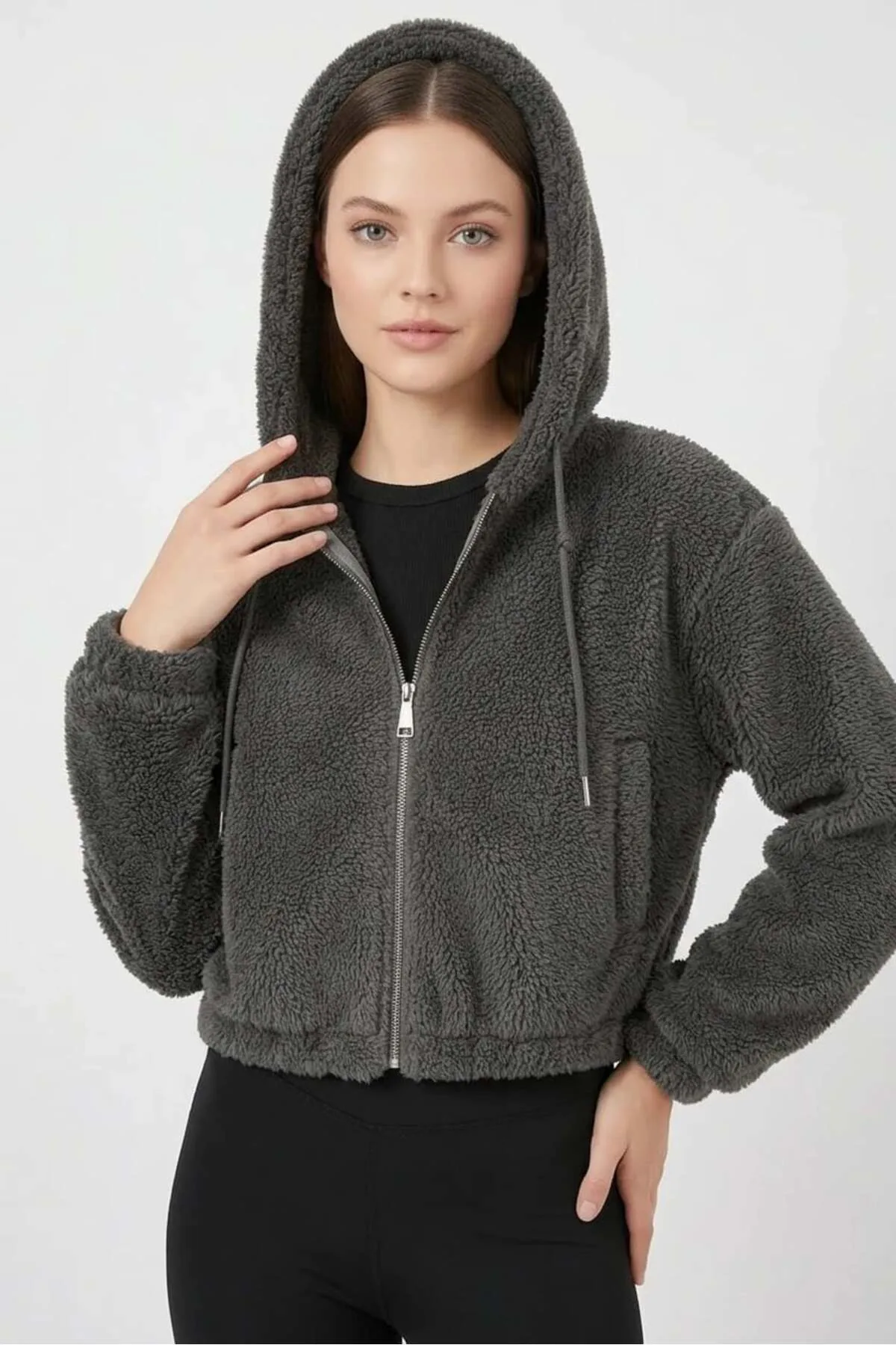 Kadın Kapüşonlu Crop Peluş Antrasit Ceket