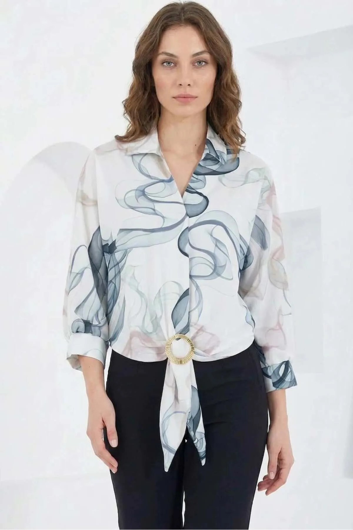 Kadın Kuşaklı Oversize Desenli Saten İndigo Gömlek