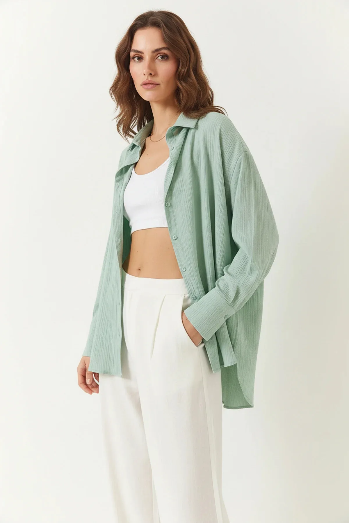 Kadın Düşük Omuz Oversize Basic Bürümcük Mint Yeşili Gömlek