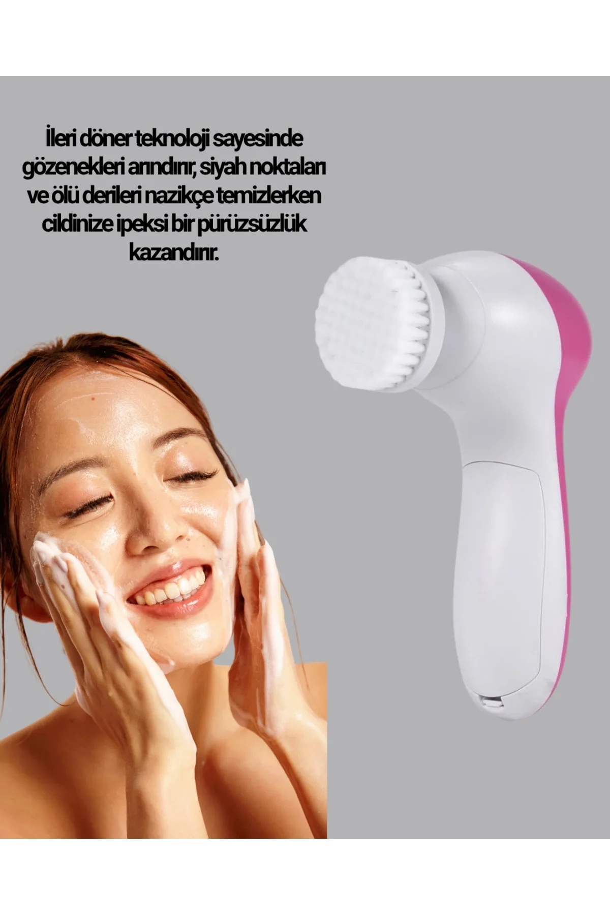 5’i 1 Arada Yüz Temizleme Cihazı – Masaj, Fırça, Peeling ve Krem Uygulama Aparatlı