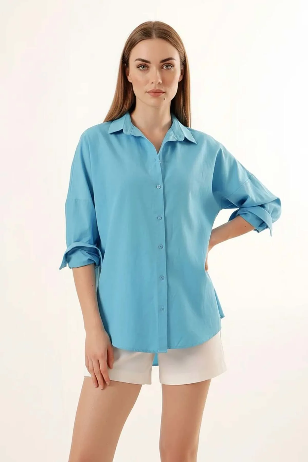 Kadın Oversize Basic Pamuklu Kiremit Gömlek