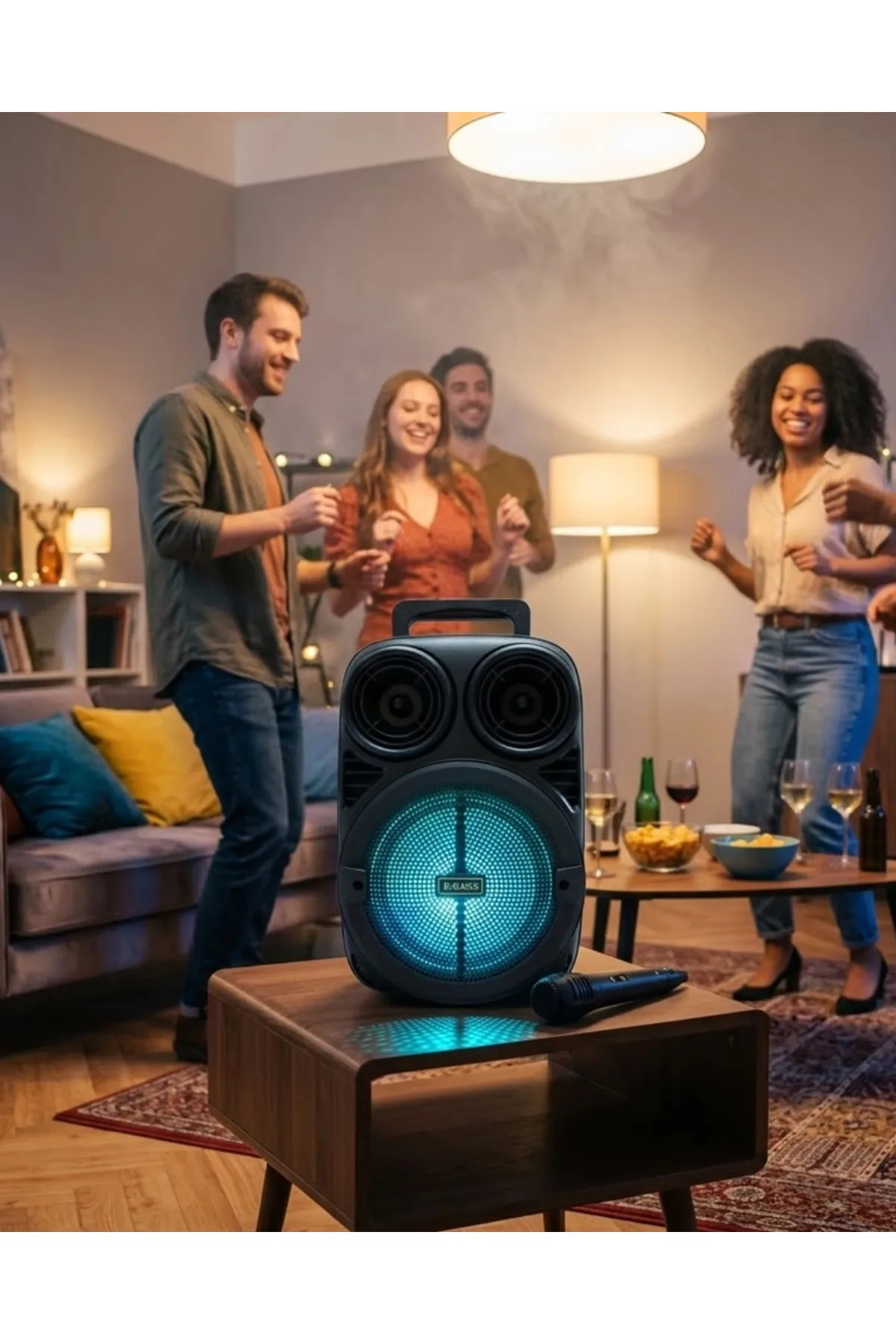 Taşınabilir Karaoke Hoparlör 6.5 İnç Mikrofonlu Rgb Işıklı Usb Tf Kart Destekli