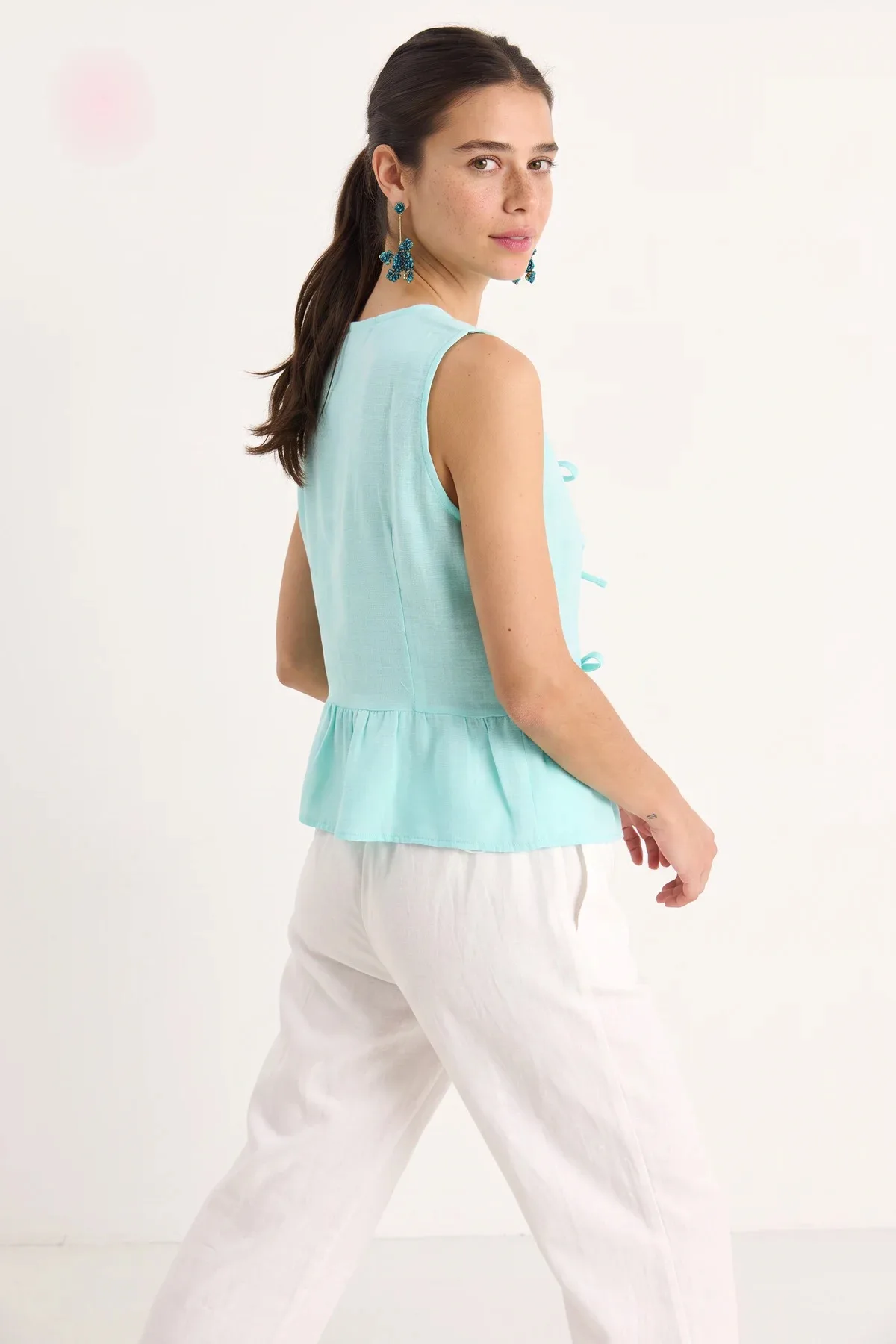 Kadın V Yaka Fiyonk Detaylı Peplum Müslin Su Yeşili Bluz
