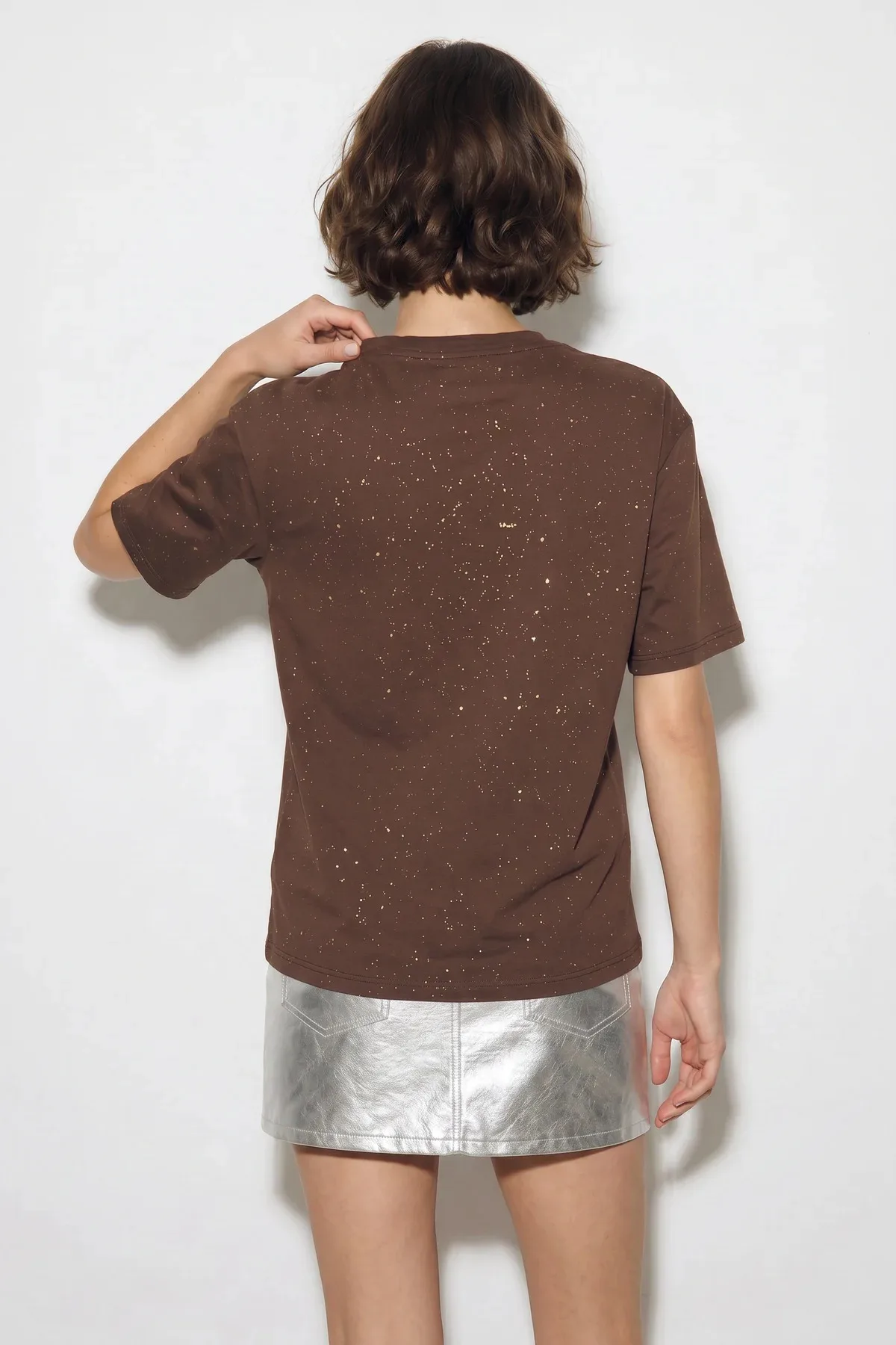 Kadın Simli Taş Yazı Baskılı Bisiklet Yaka Oversize Basic T Shirt Acı Kahve