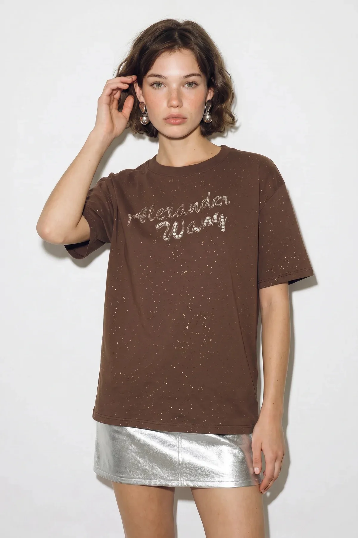 Kadın Simli Taş Yazı Baskılı Bisiklet Yaka Oversize Basic T Shirt Acı Kahve