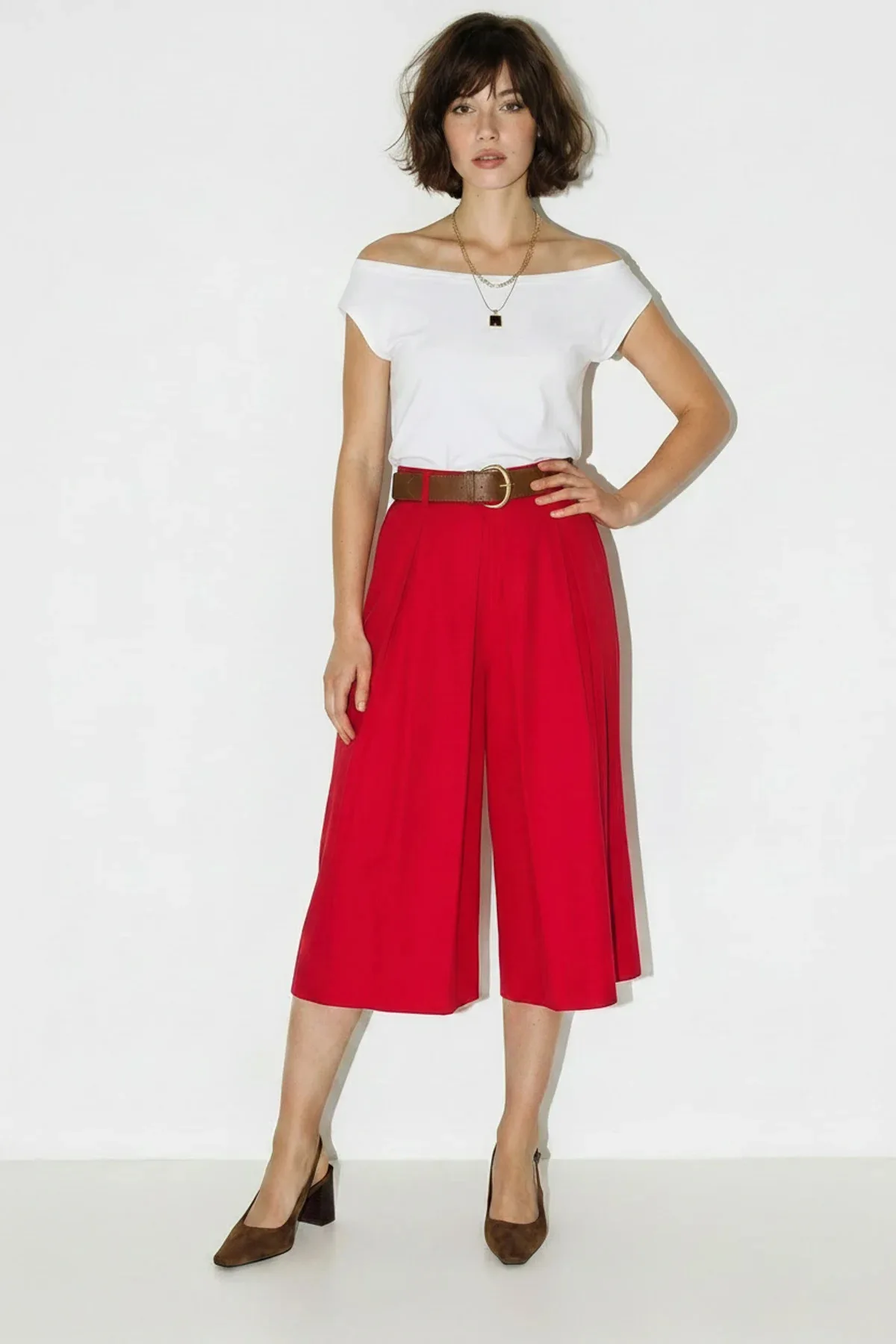 Kadın Yüksek Bel Pile Detaylı Geniş Paça Culotte Kırmızı Pantolon