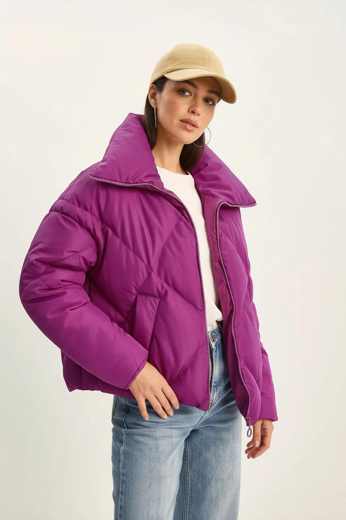 Kadın Oversize Şişme Fuşya Mont