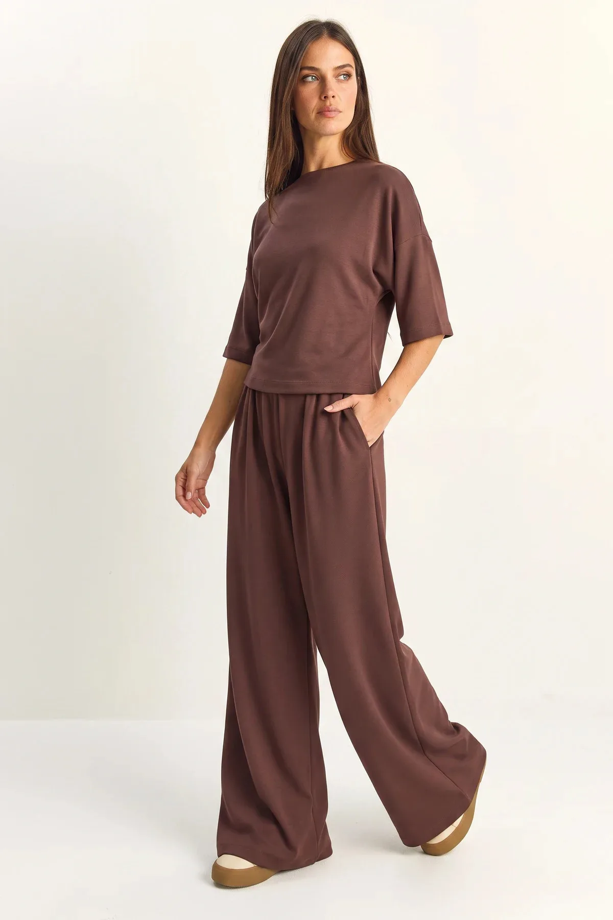 Kadın Belden Bağlamalı Basic T Shirt Bol Paça Pantolon Alt Üst Modal Acı Kahve Takım