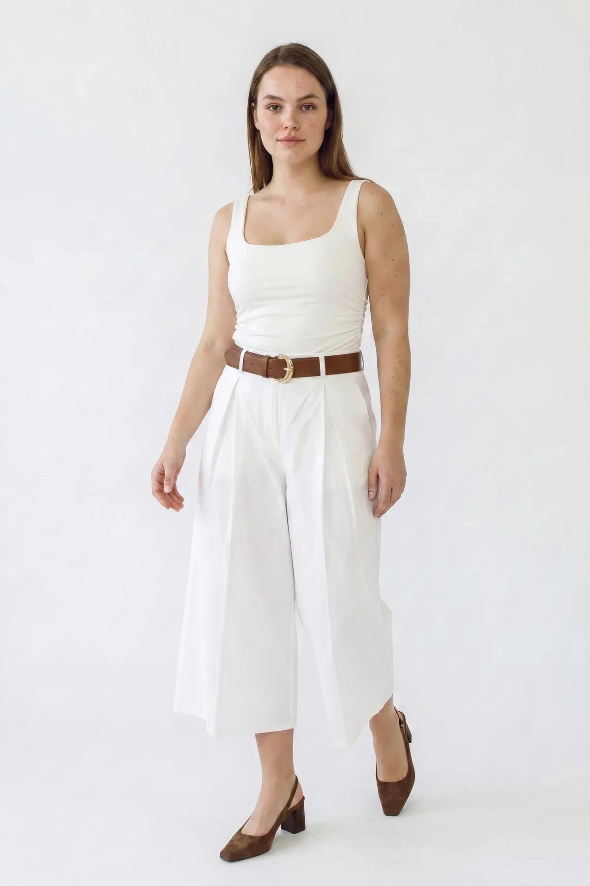 Kadın Yüksek Bel Pile Detaylı Geniş Paça Culotte Beyaz Pantolon