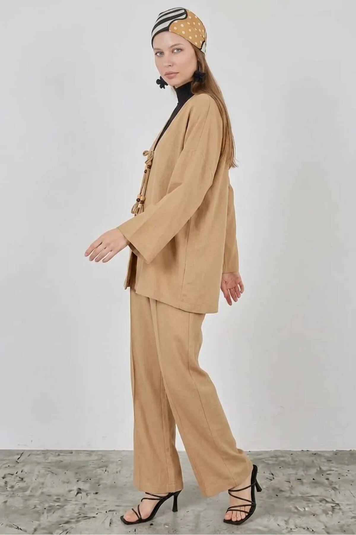 Kadın V Yaka Kimono Kuşaklı Keten Bisküvi İkili Takım