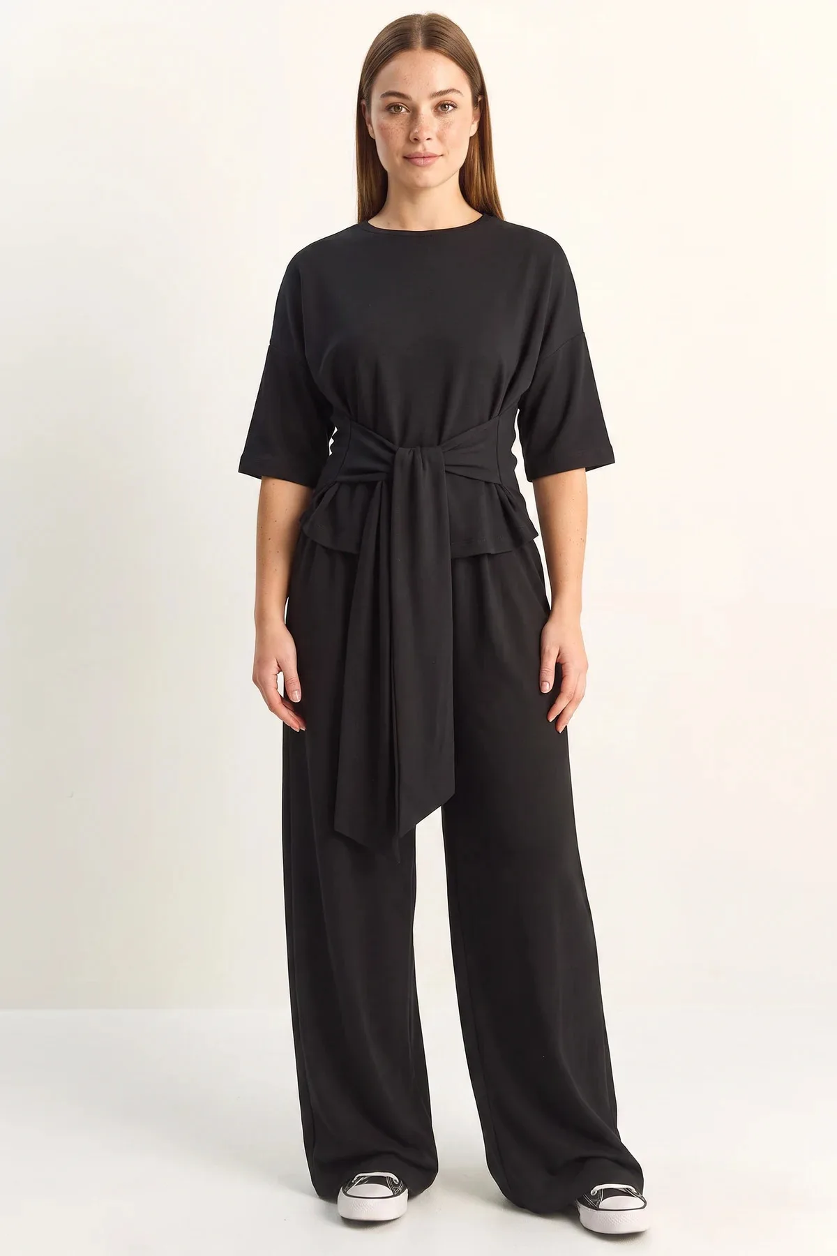 Kadın Belden Bağlamalı Basic T Shirt Bol Paça Pantolon Alt Üst Modal Siyah Takım
