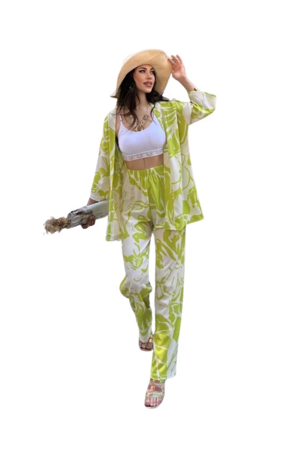 Alt Üst Takım Kimono- Desenli-Yeşil