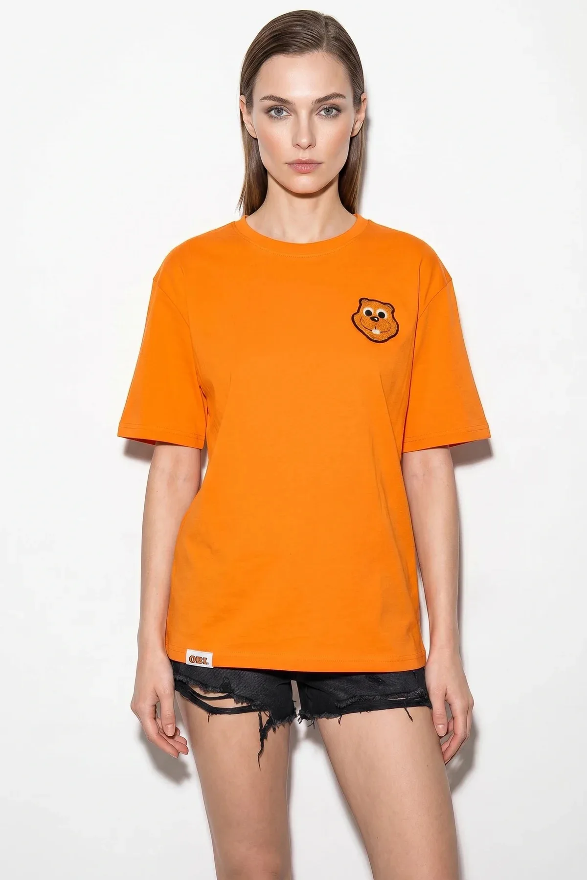 Kadın Nakışlı Teddy Detaylı Bisiklet Yaka Pamuklu T Shirt Turuncu T-Shirt