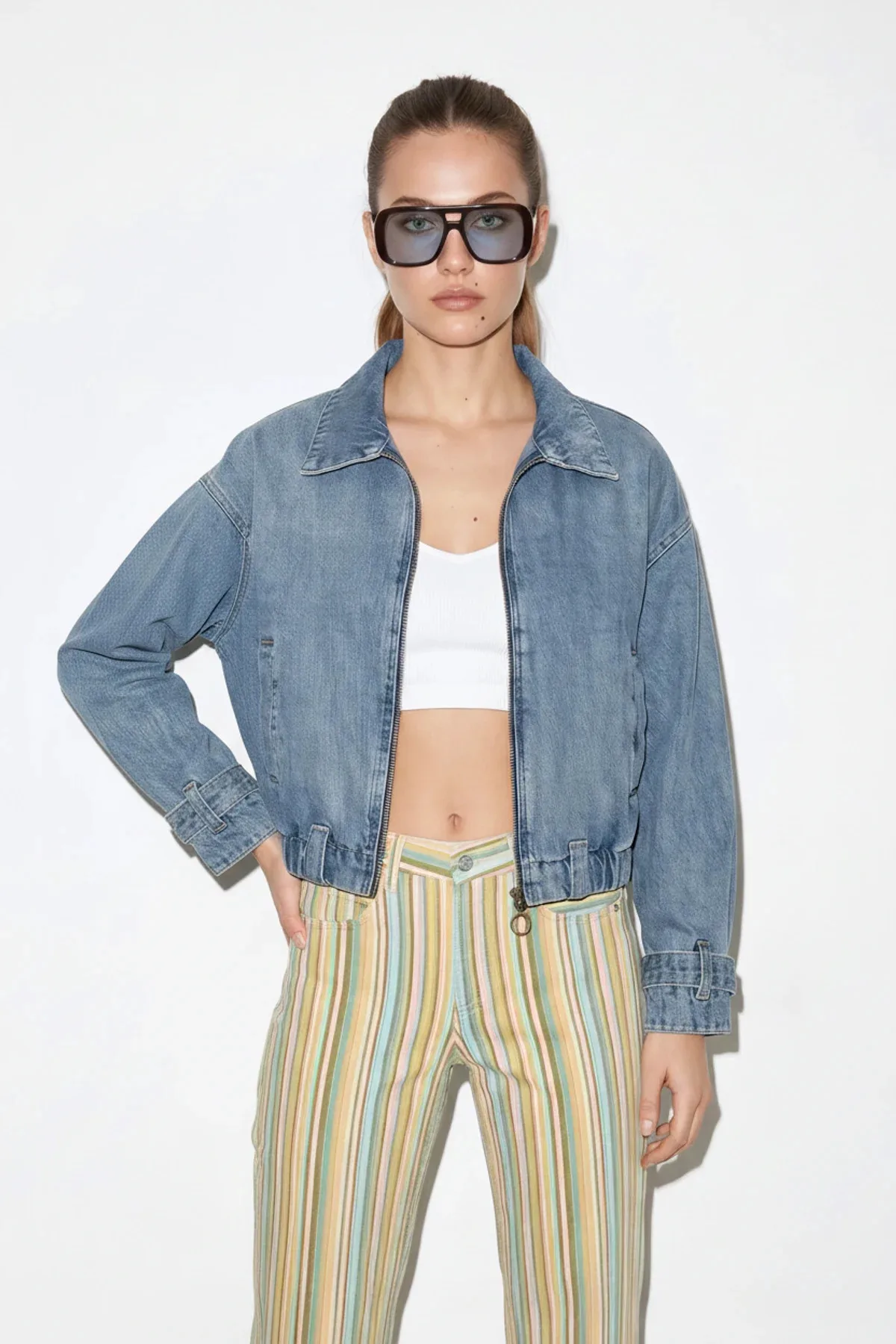Kadın Fermuarlı Kemer Detaylı Oversize Denim Buz Mavisi Ceket